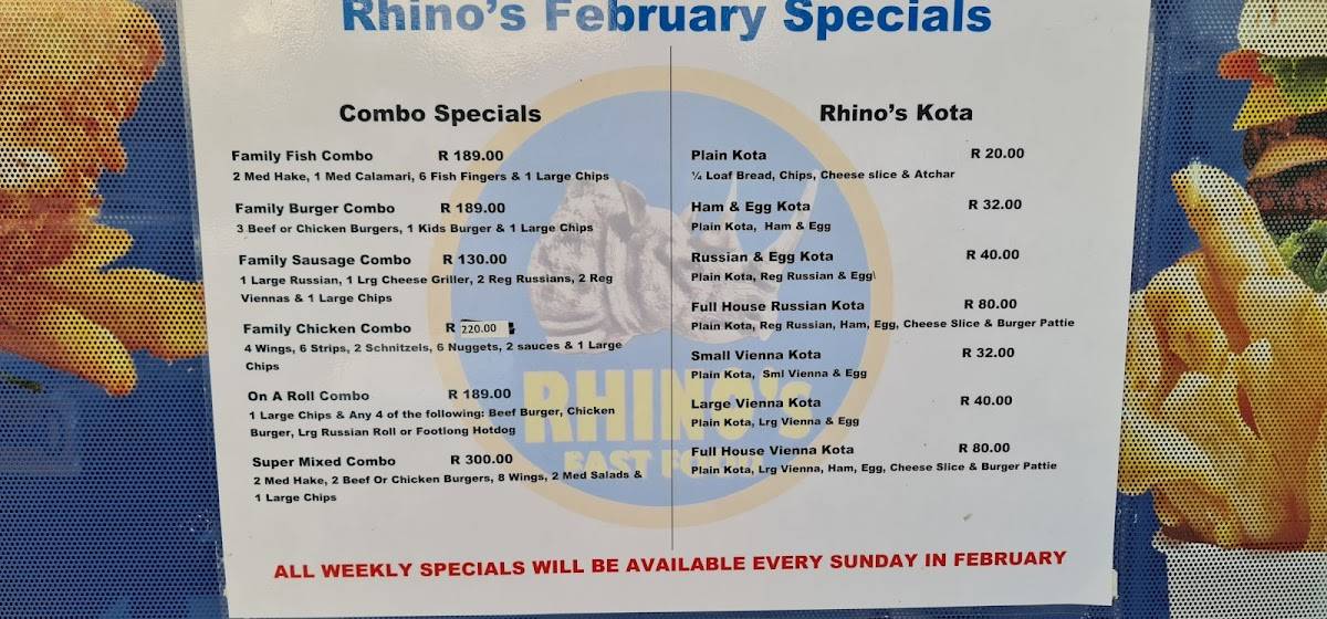 Menu au Rhino's Fast Food, Randburg