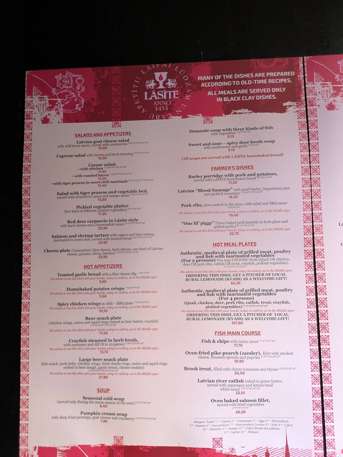Viduslaiku restorāns LĀSĪTE menu