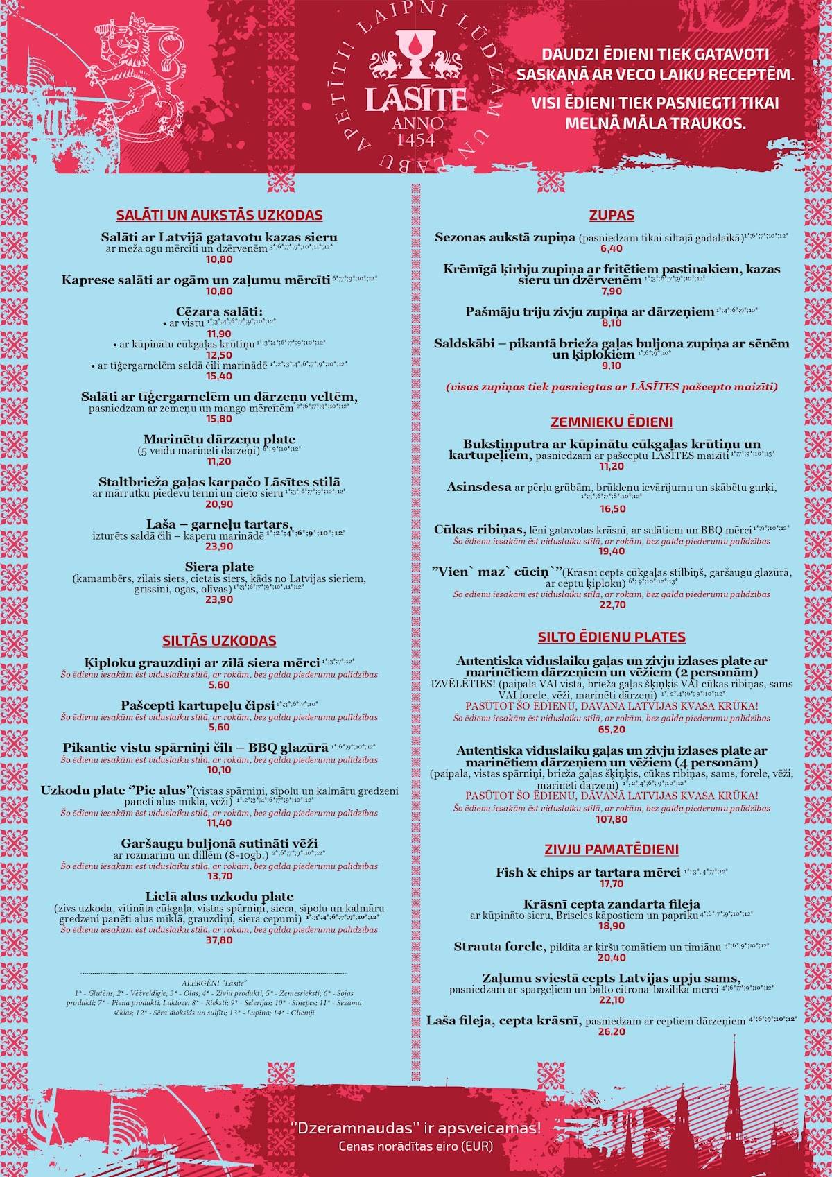 Viduslaiku restorāns LĀSĪTE menu