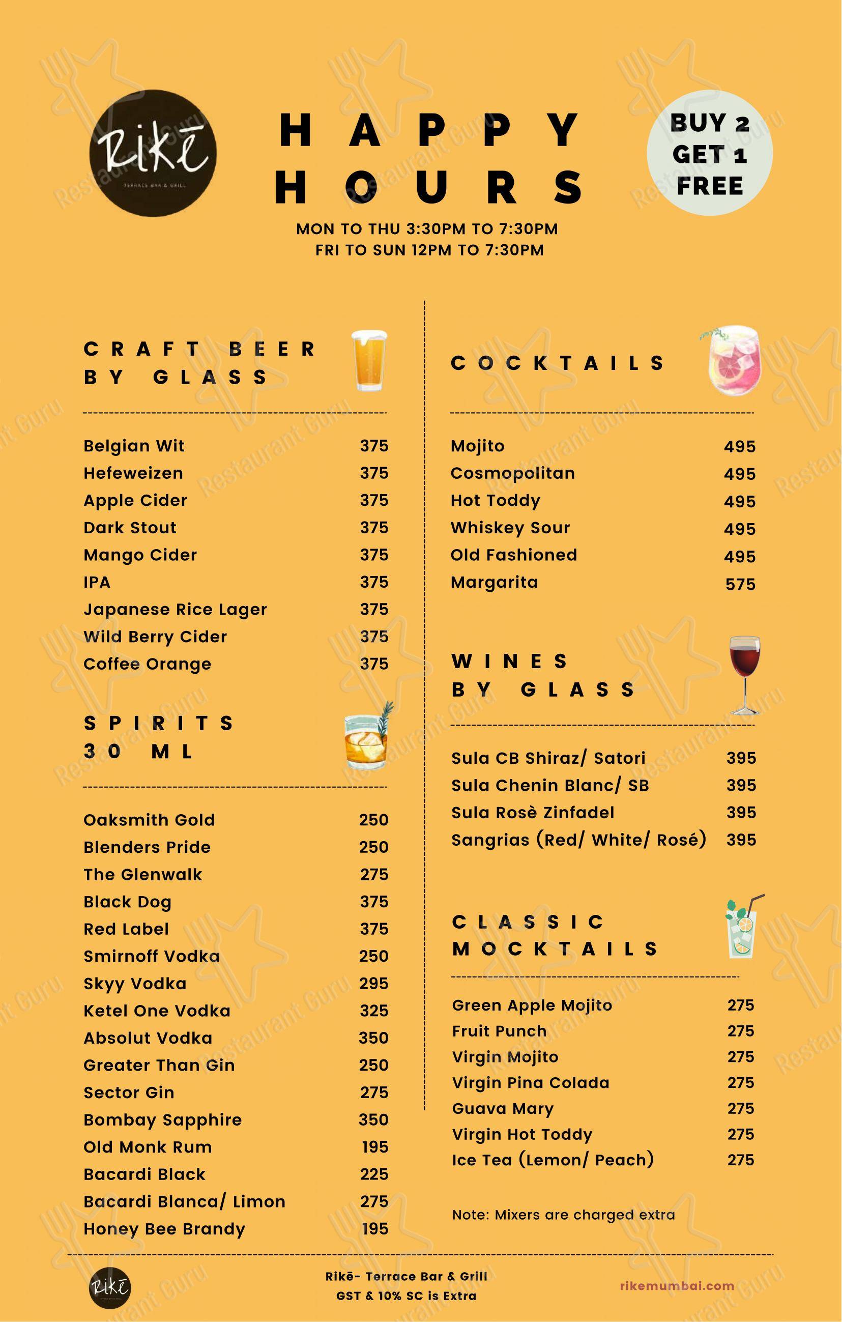 Menu bar for the Rikē - Terrace Bar & Grill pub & bar