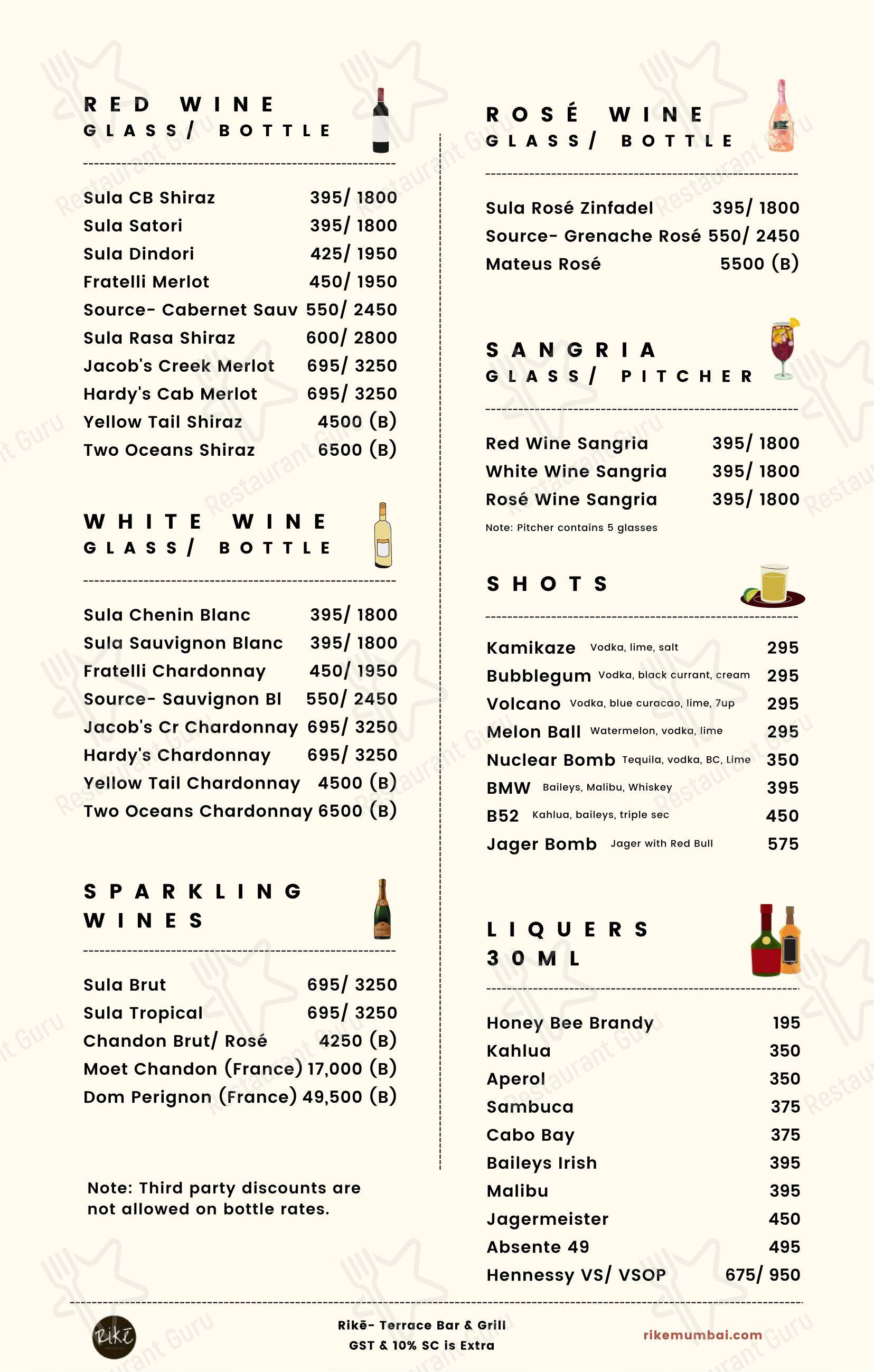 Menu bar for Rikē - Terrace Bar & Grill in Mumbai
