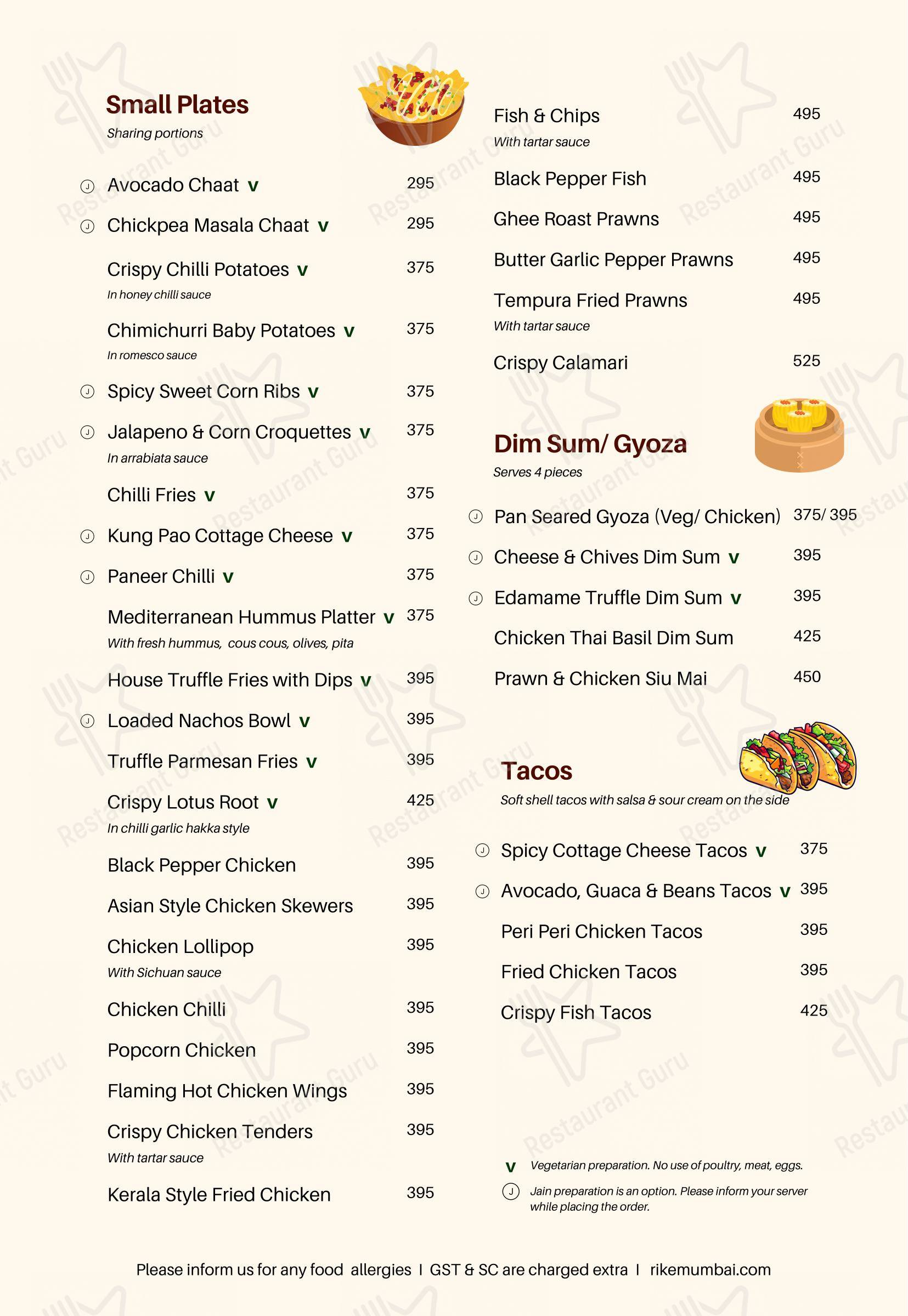 Основное меню for Rikē - Terrace Bar & Grill in Mumbai