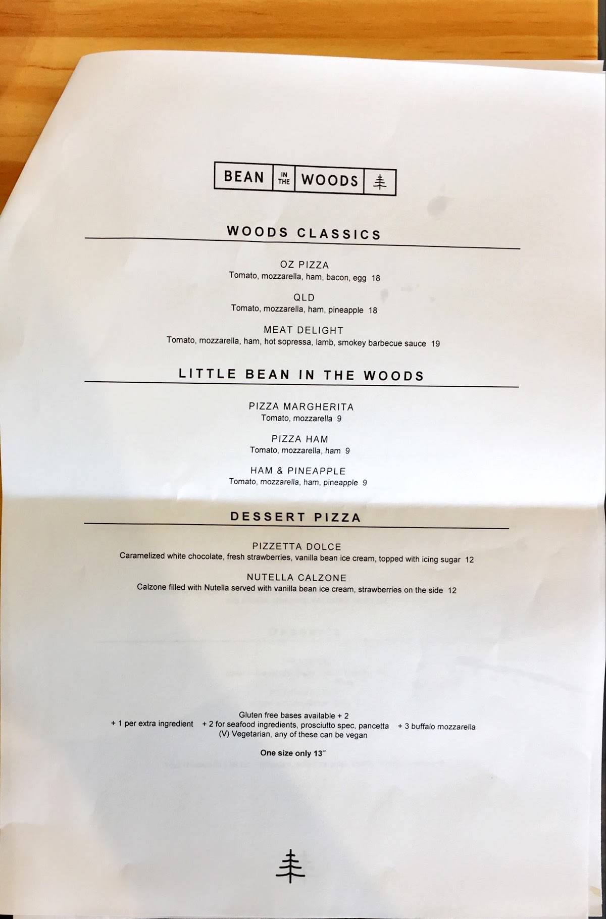 Menu at Bean in the Woods cafe, Ringwood