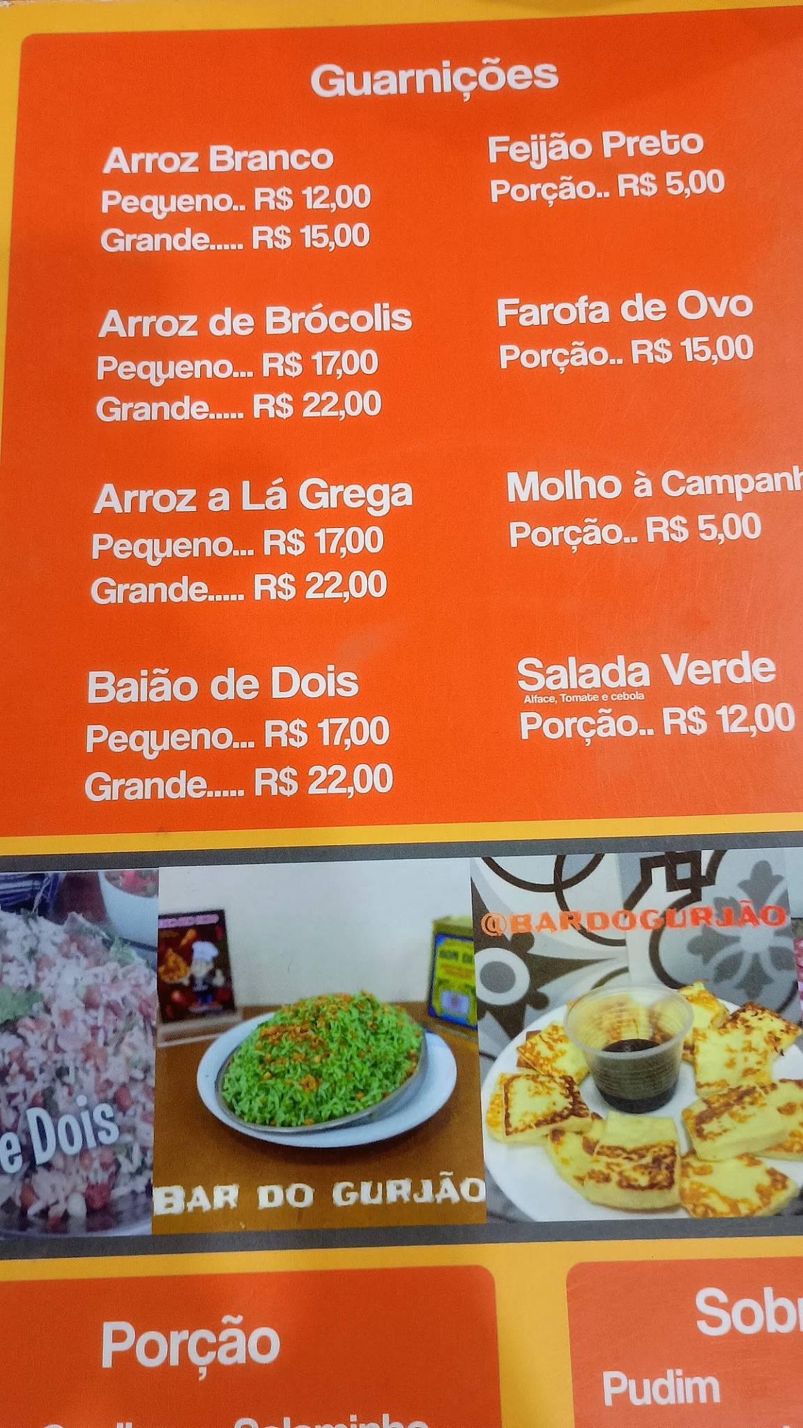 Bar do Gurjão cardápio