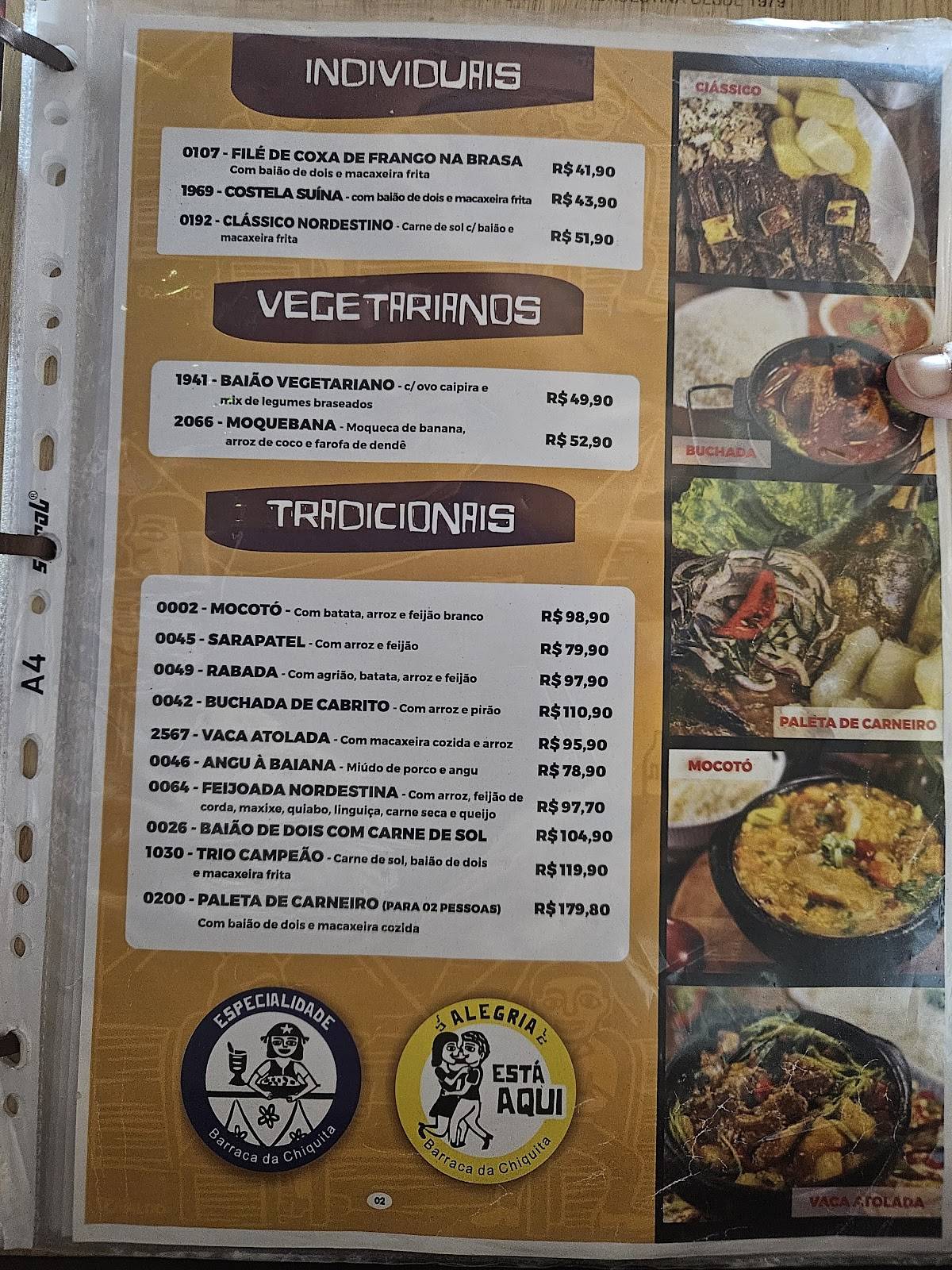 Barraca da Chiquita Restaurante cardápio