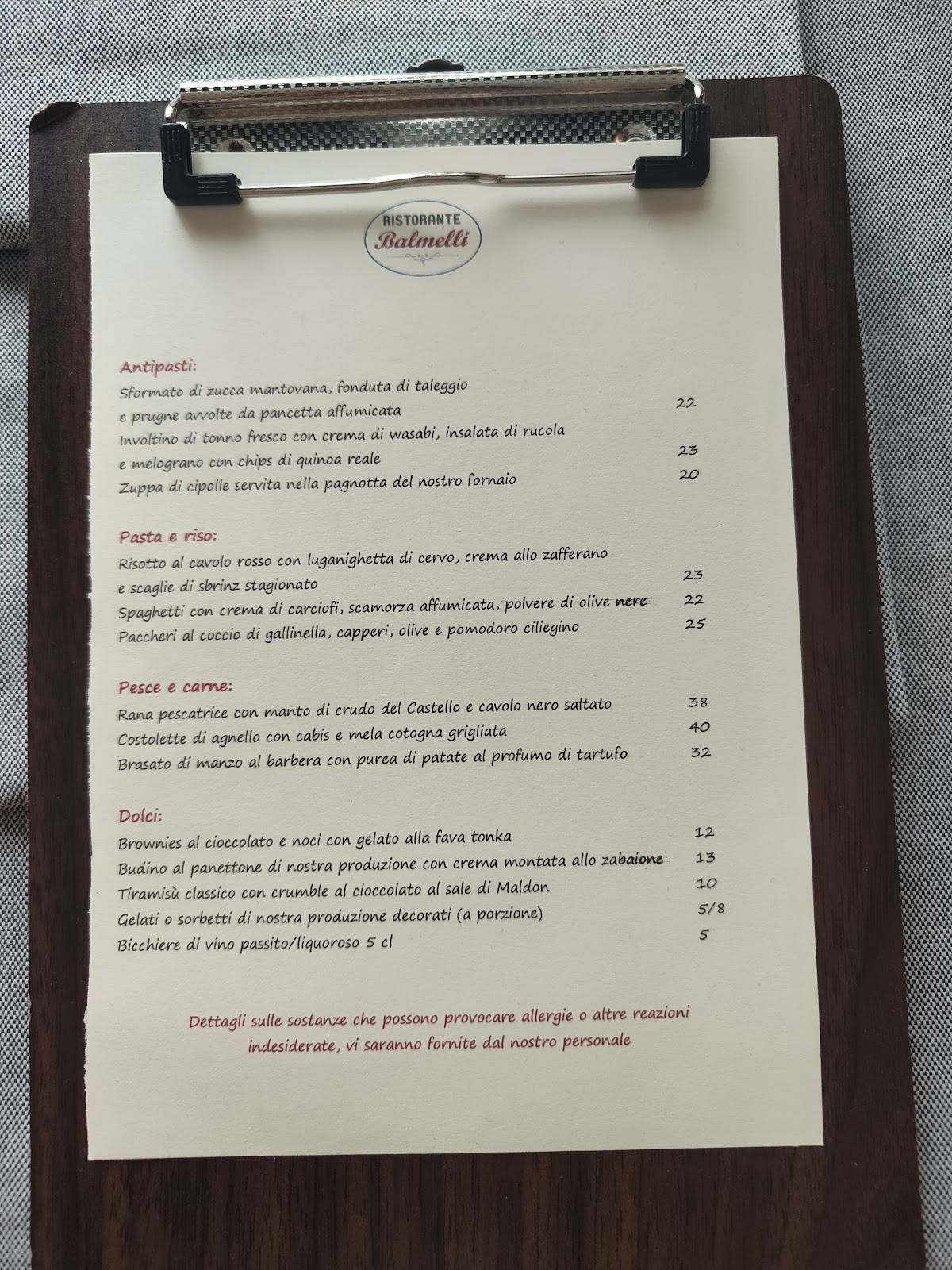 Menu di Cantinetta Balmelli 1912 