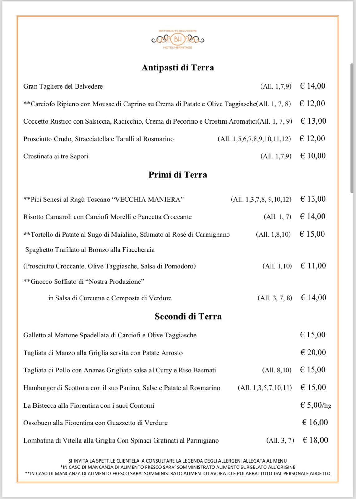 Menu di Ristorante Belvedere all'Hermitage 