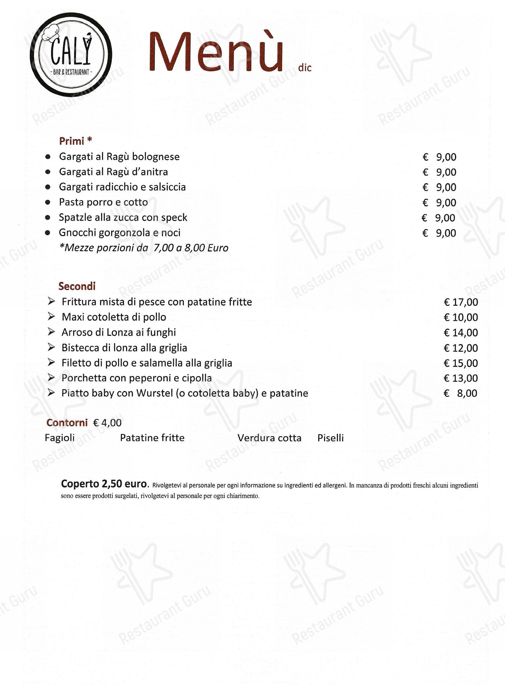 Menu di Ristorante Calý - Menu bar