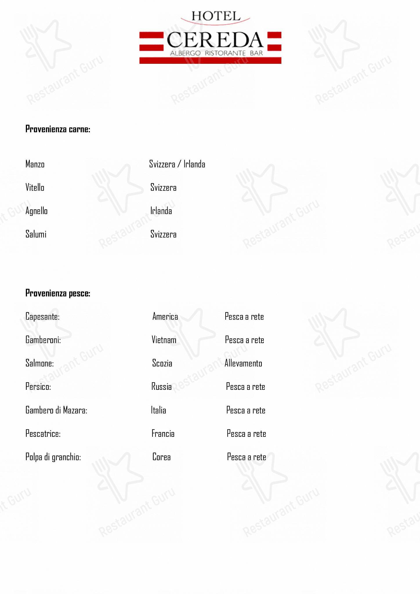 Menu di Albergo-Ristorante Cereda - Dinner Menu