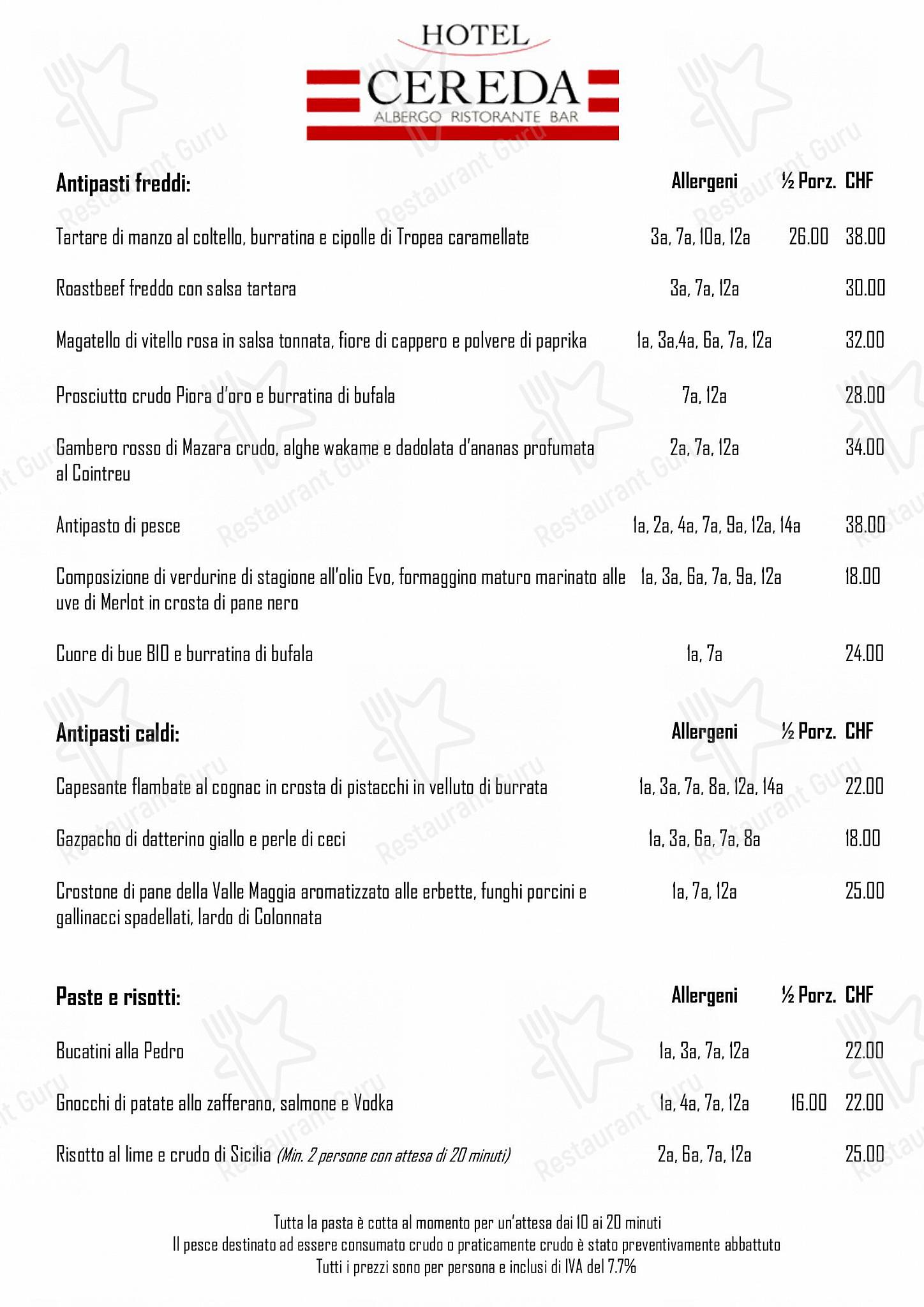 Dinner Menu per Albergo-Ristorante Cereda in Sementina