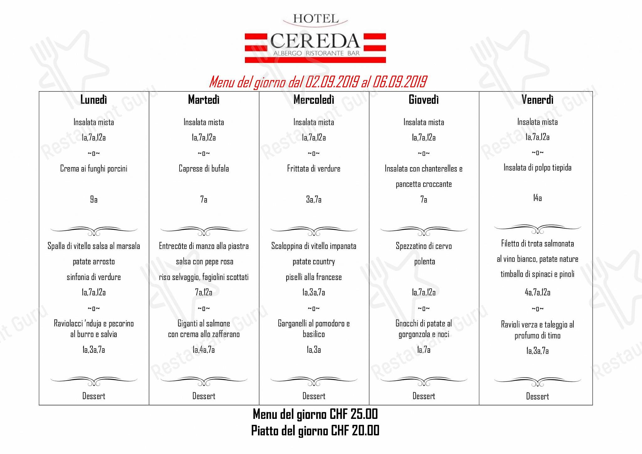 Menu di Albergo-Ristorante Cereda - Dinner Menu