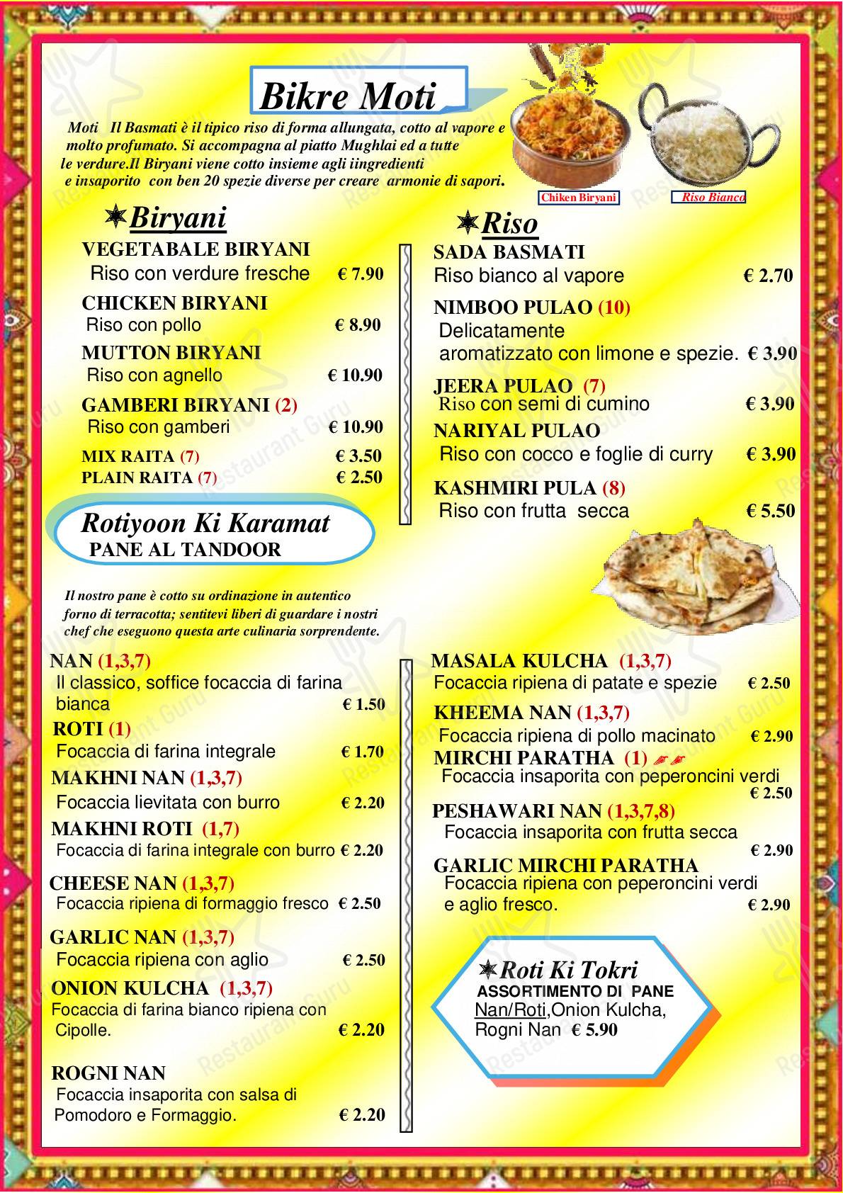 Menu di INDIA - piatti e bevande