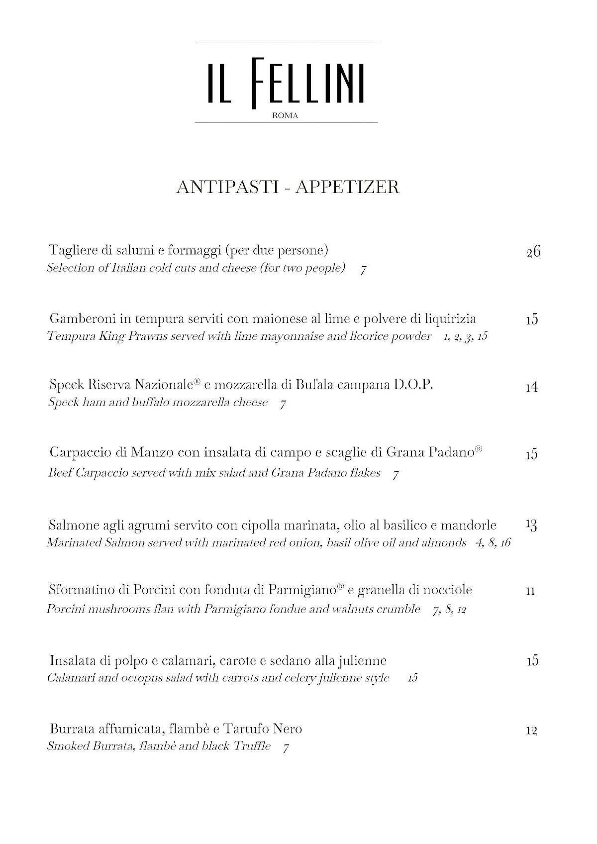 Menu de Ristorante Il Fellini