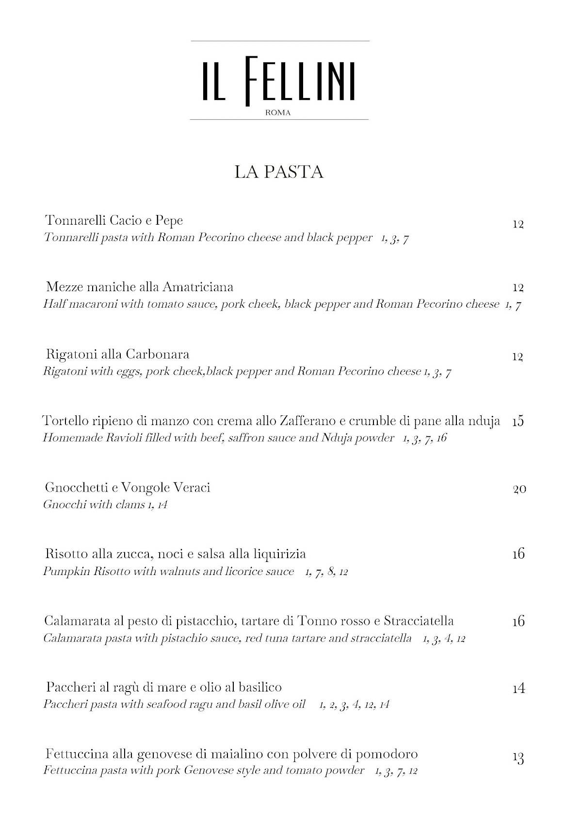 Menu de Ristorante Il Fellini