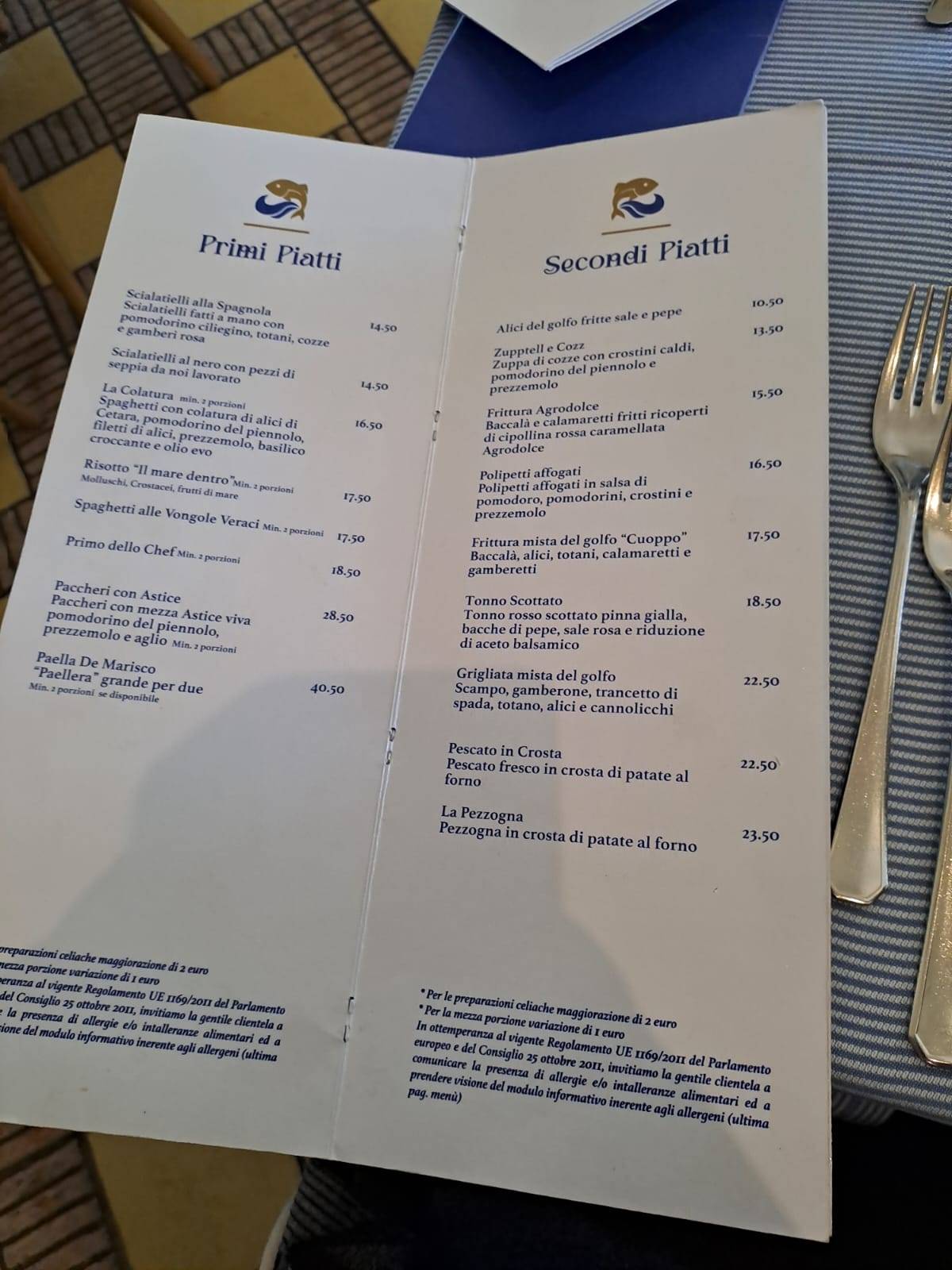 Menu di Ristorante La Spagnola 1970 