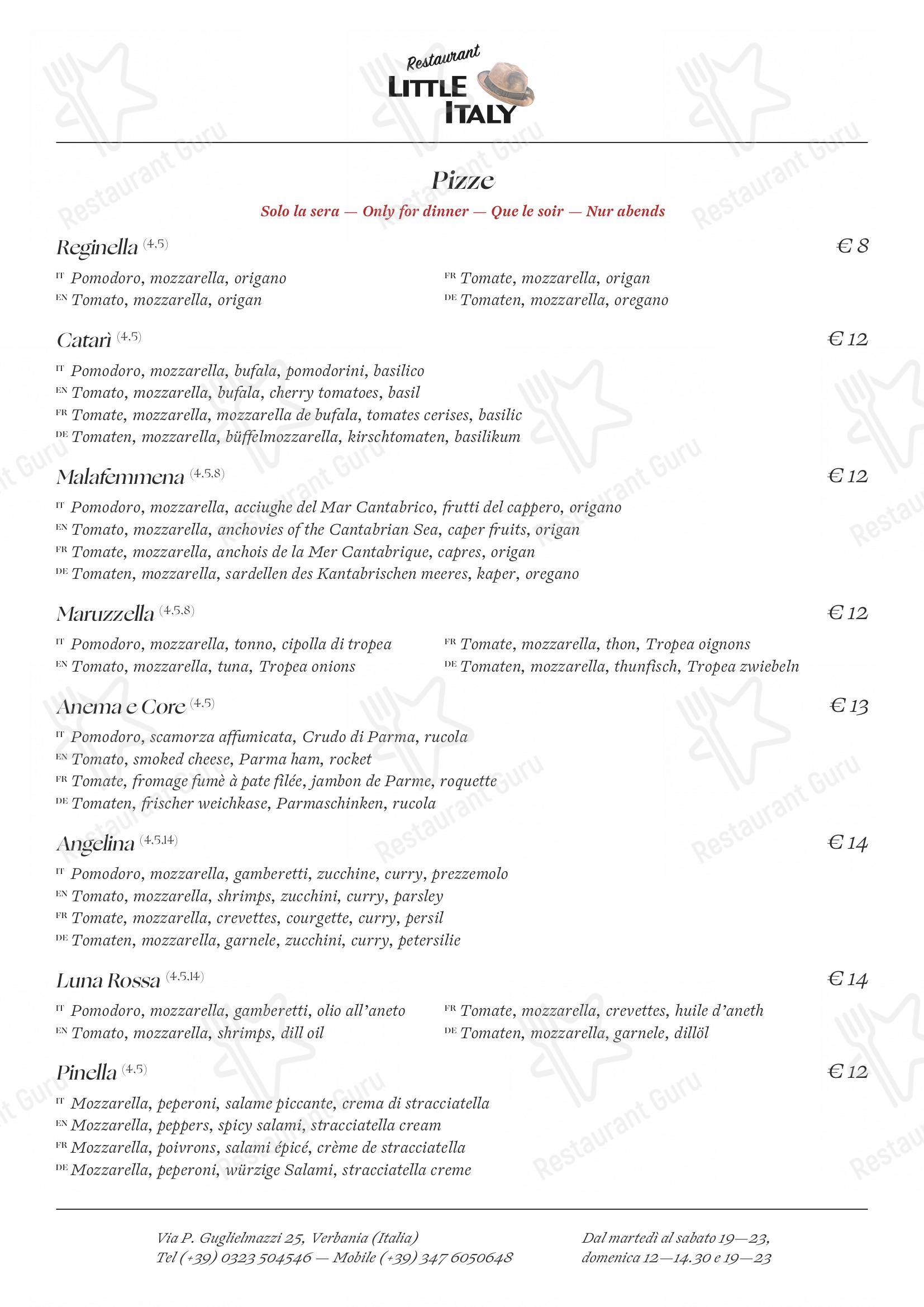 Menu pour Ristorante Little Italy - Menu bar