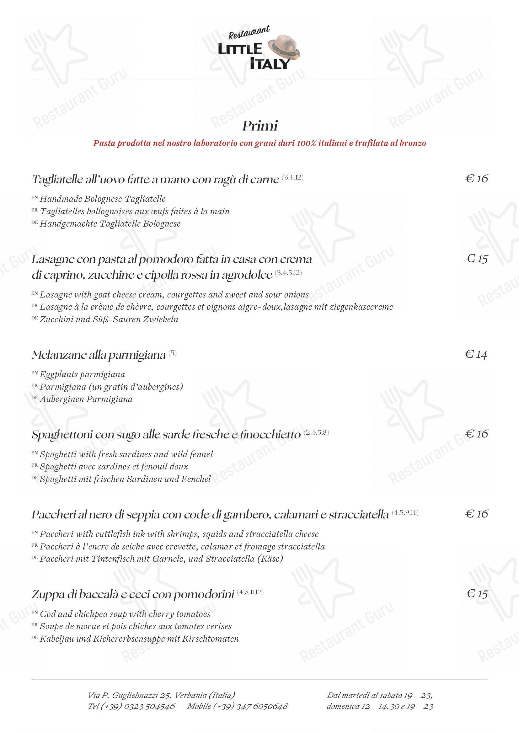 Menu bar pour Ristorante Little Italy dans Verbania
