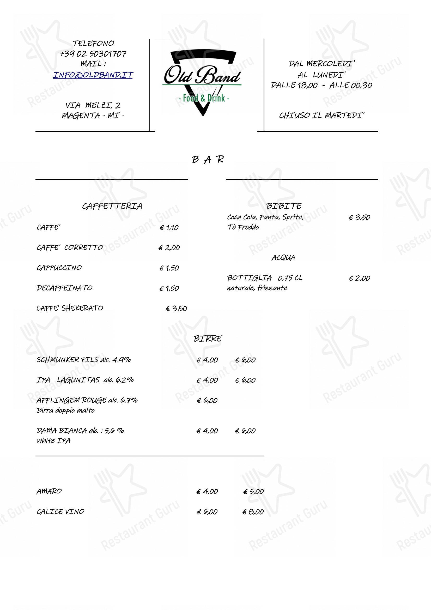 Menu per Ristorante Old Band ristorante