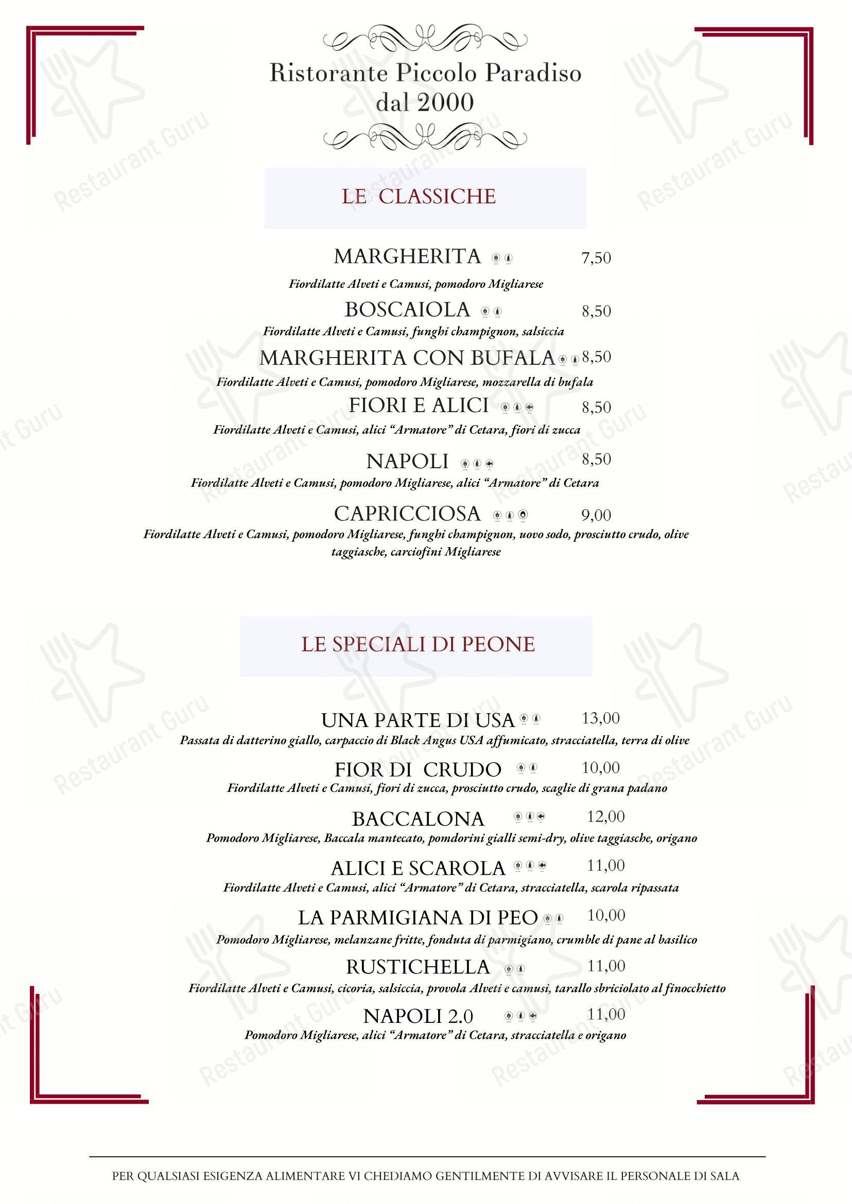 Menu di Ristorante Piccolo Paradiso Roma (Casalotti) - Menu bar