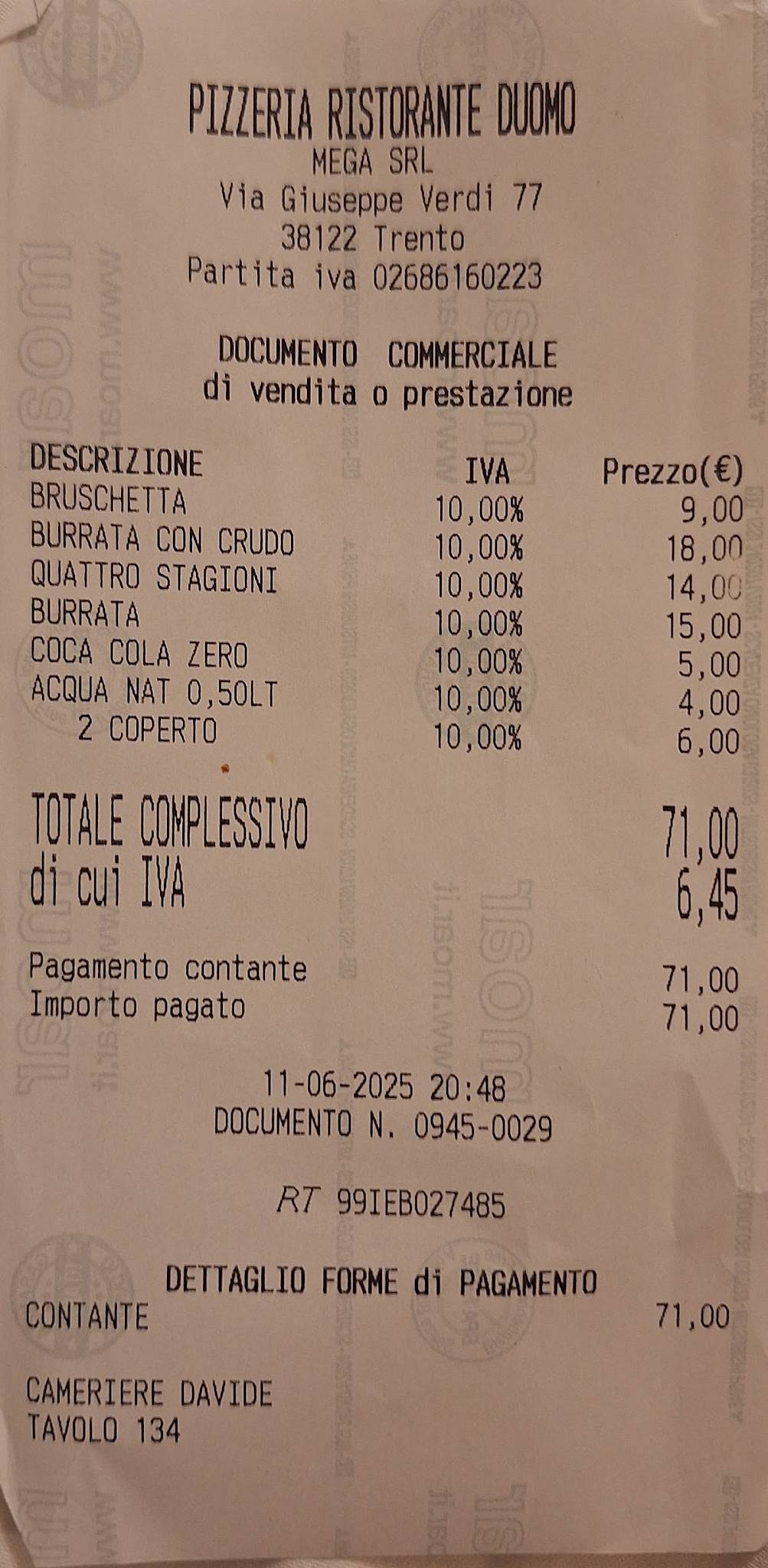 Menu di Ristorante Pizzeria Al Duomo 