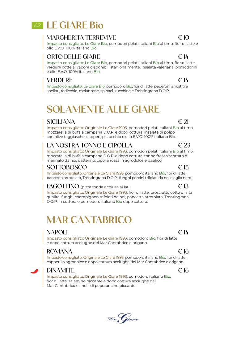 Menu de Ristorante Pizzeria Le Giare