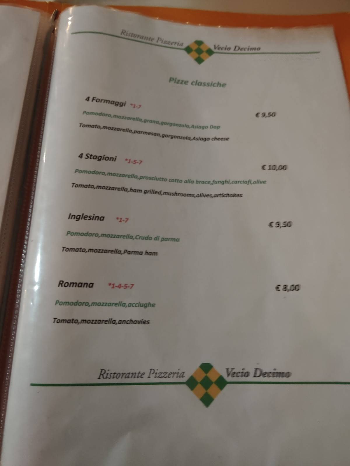 Menu de Ristorante Pizzeria Vecio Decimo