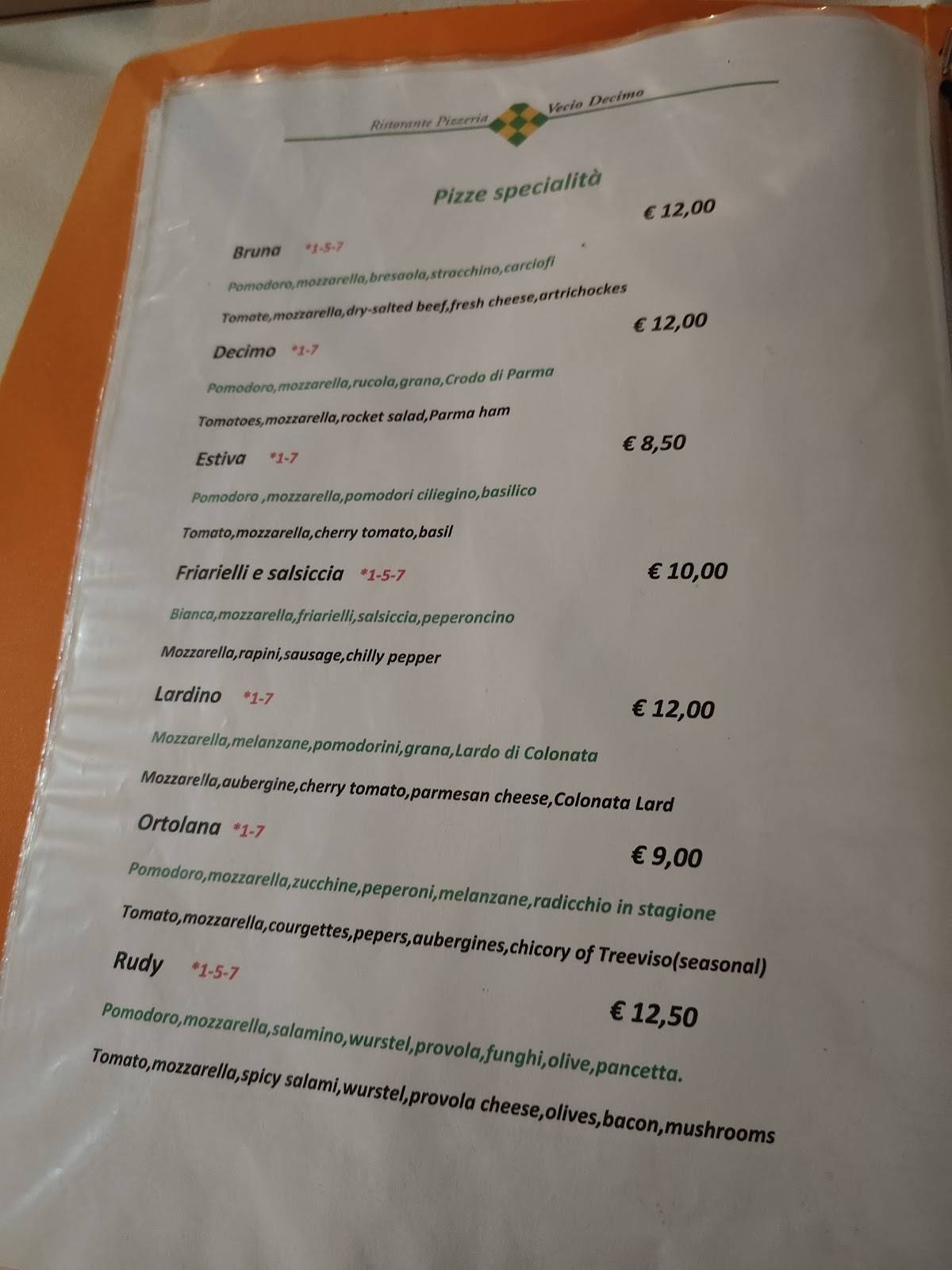 Menu de Ristorante Pizzeria Vecio Decimo
