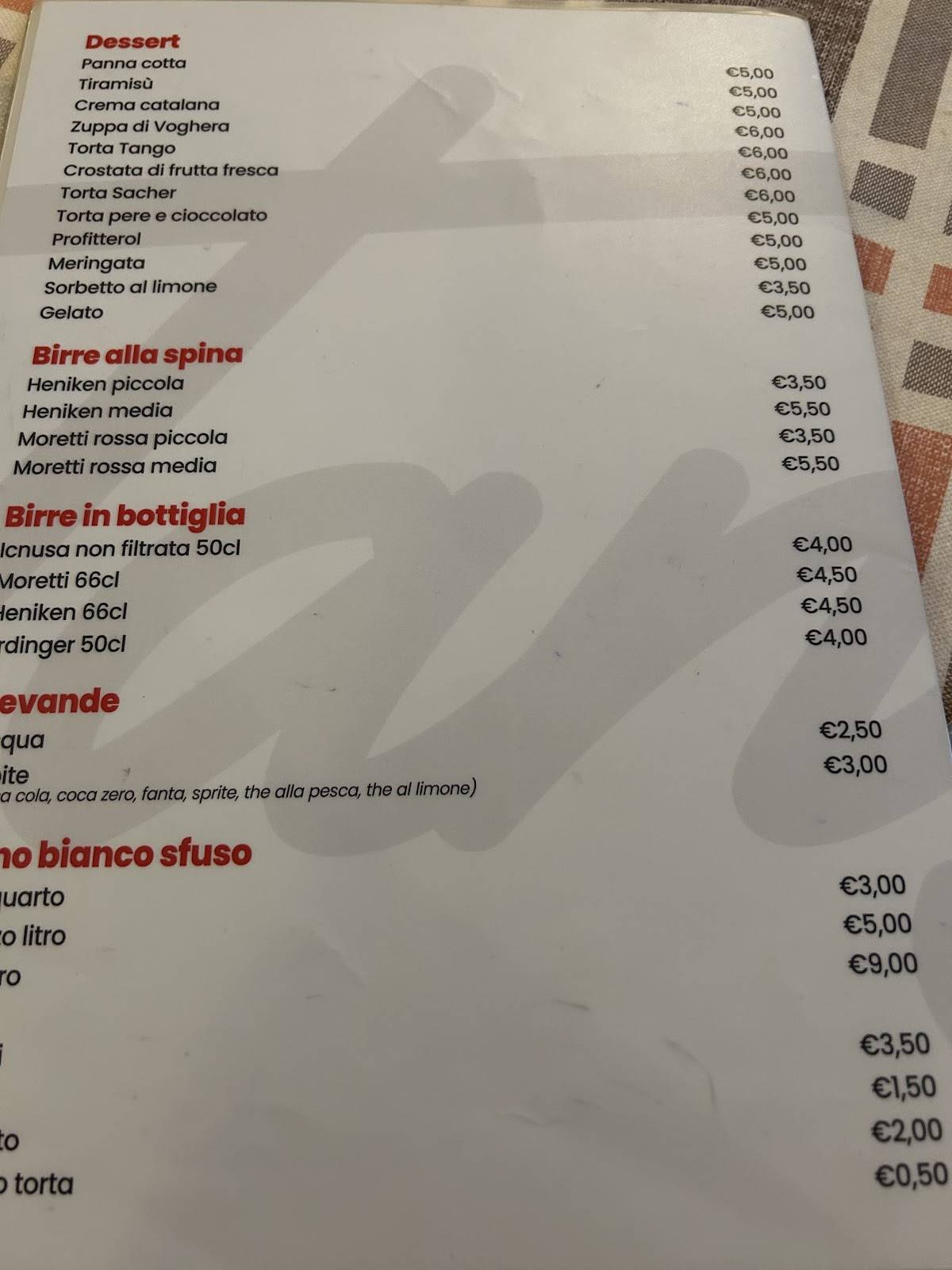 Menu di Pizzeria tango ristorante 