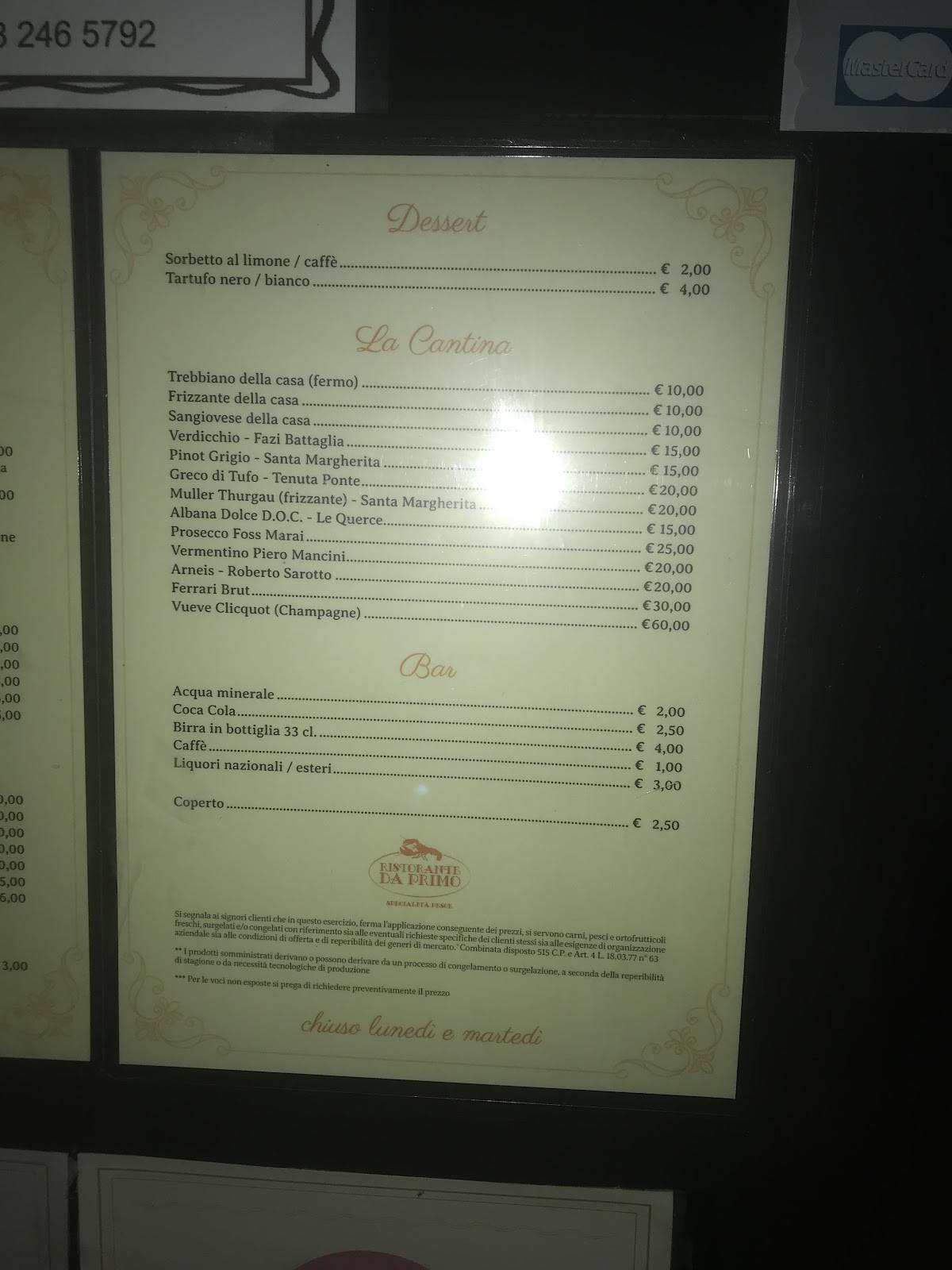 Menu di Ristorante da Primo 