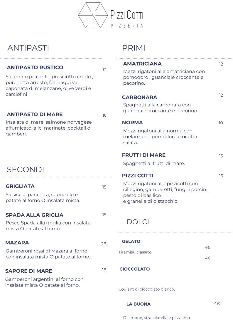 Menu di Ristorante e Pizzeria Pizzi cotti 