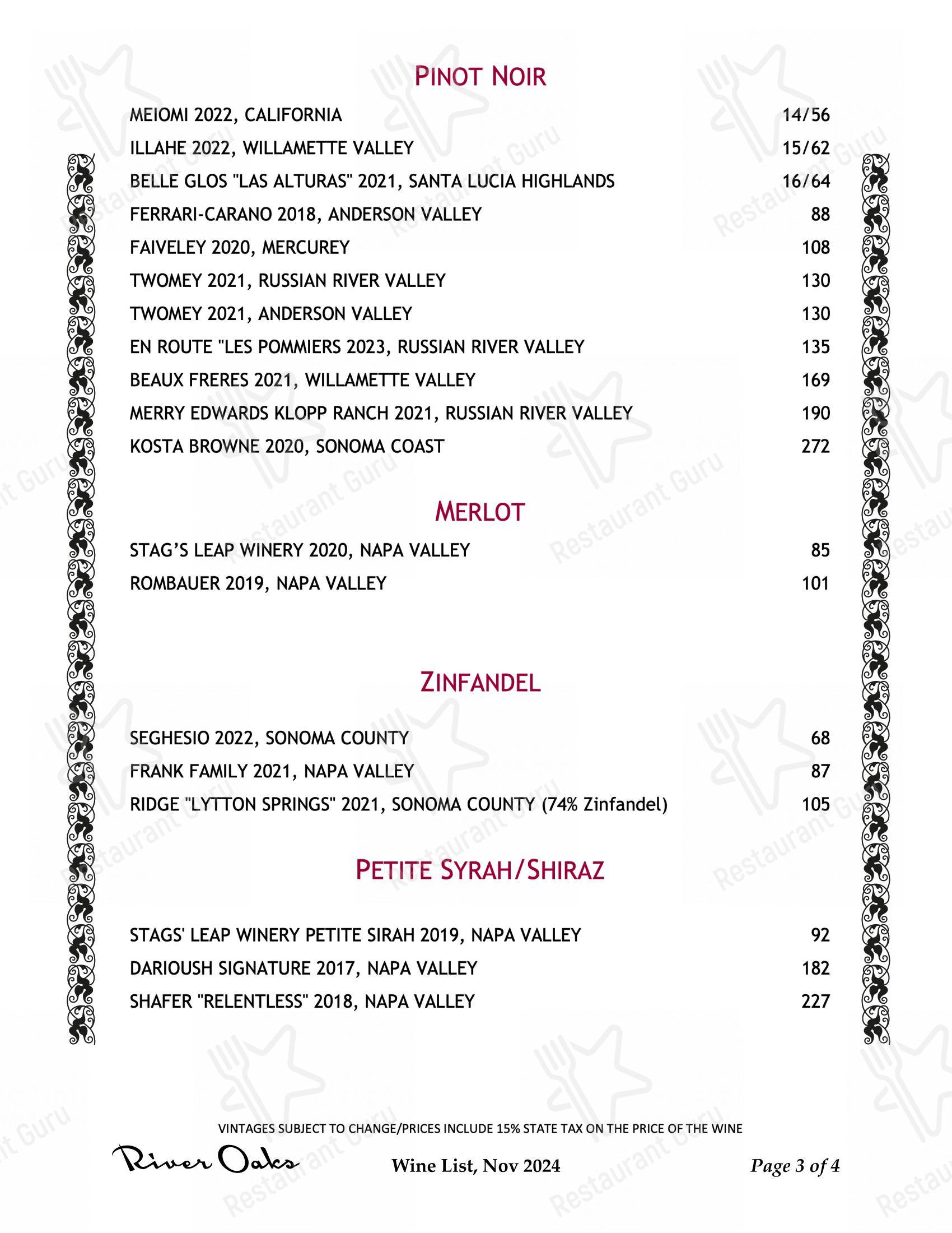Menu at River Oaks Restaurant, Memphis