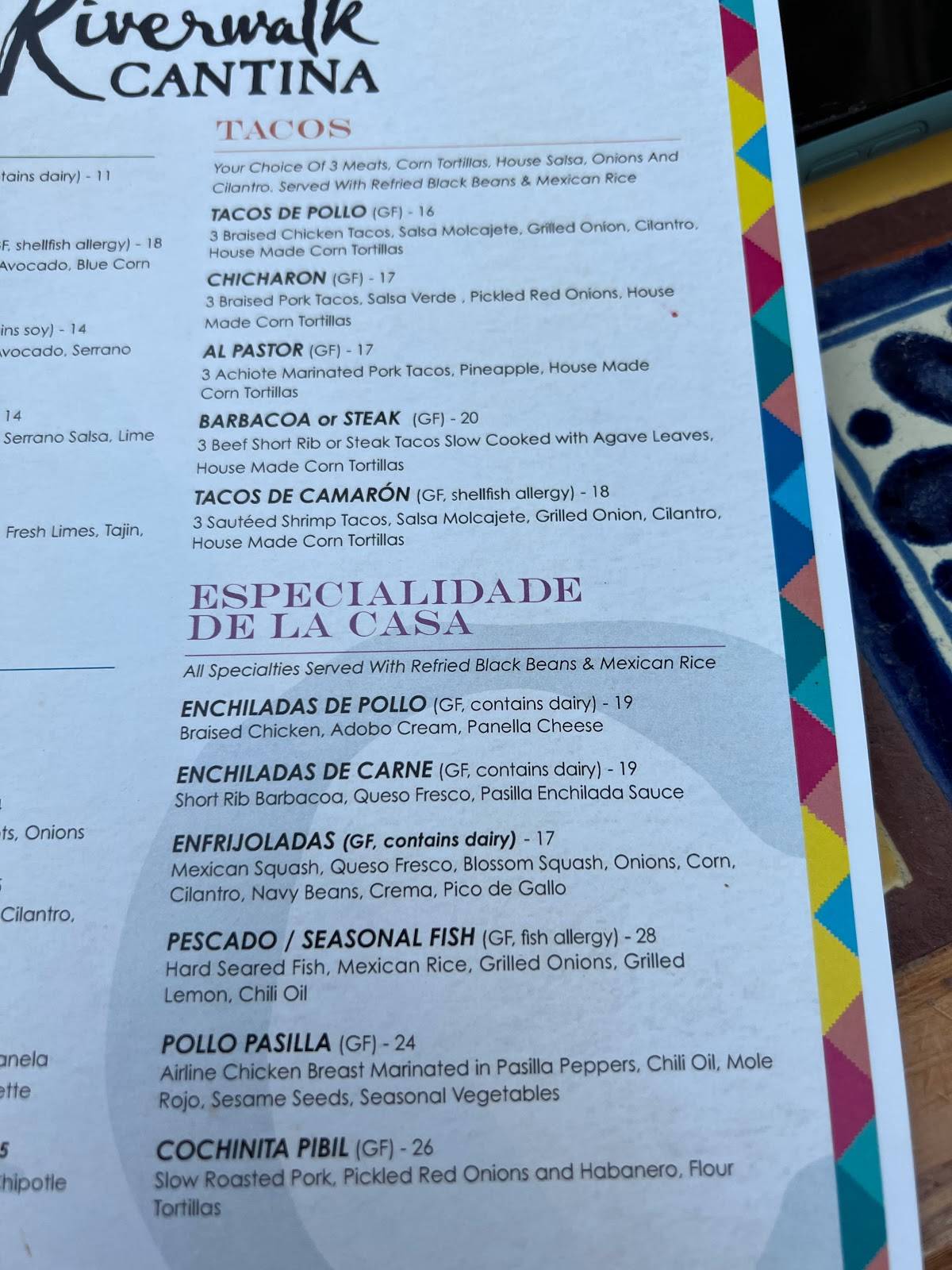 Menu at Riverwalk Cantina restaurant, Grapevine, Gaylord Trail