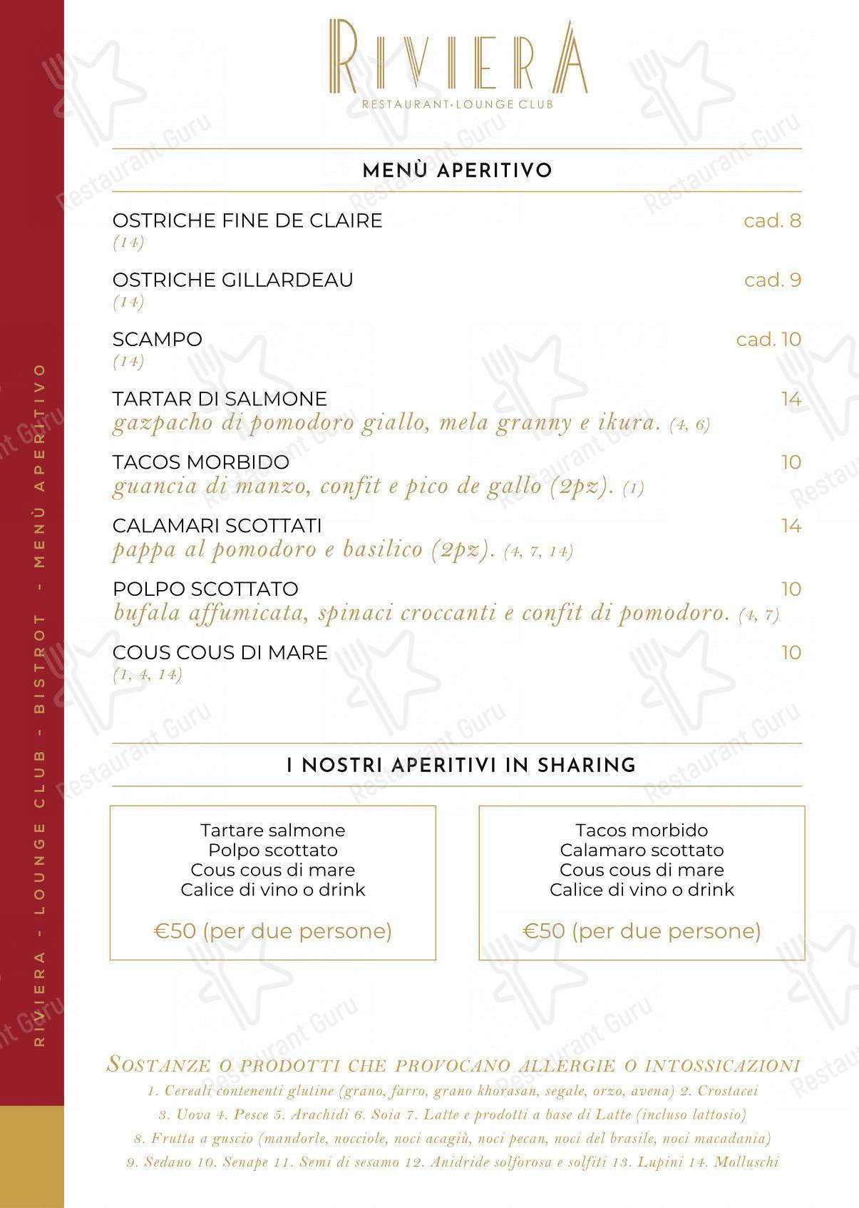 Riviera Milano Restaurant - Lounge Club in Milano - Menu bar