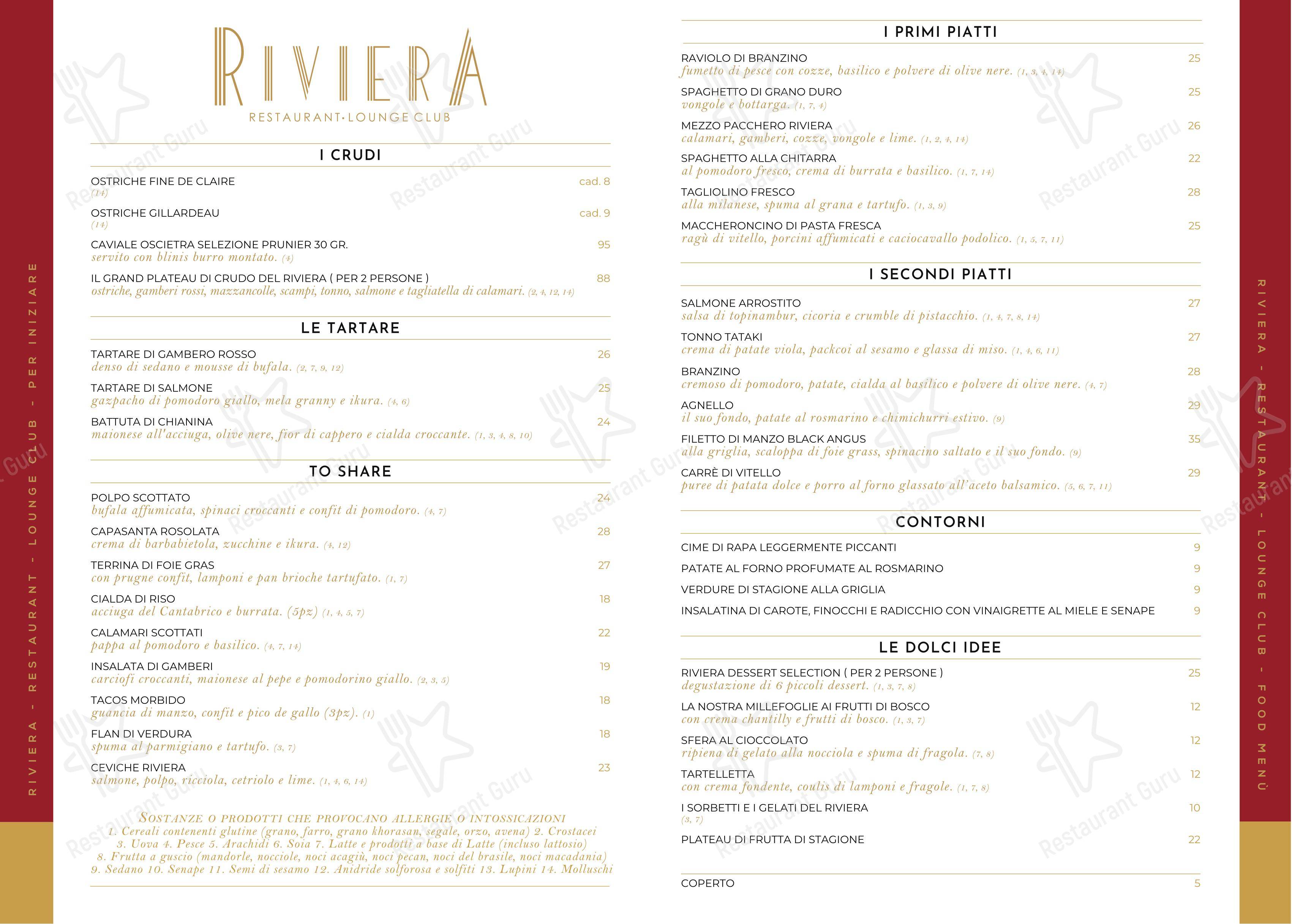 Основное меню per Riviera Milano Restaurant - Lounge Club in Milano