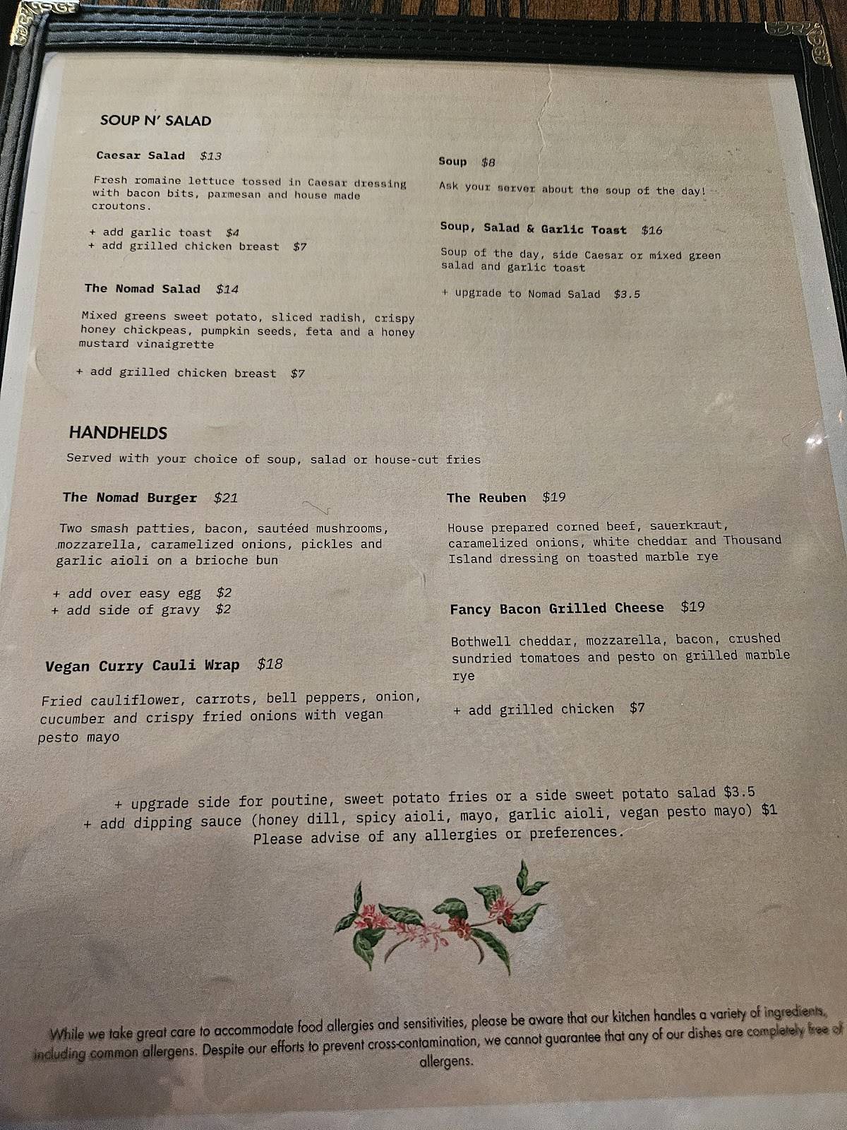 Menu at Roasted Nomad restaurant, Winnipeg
