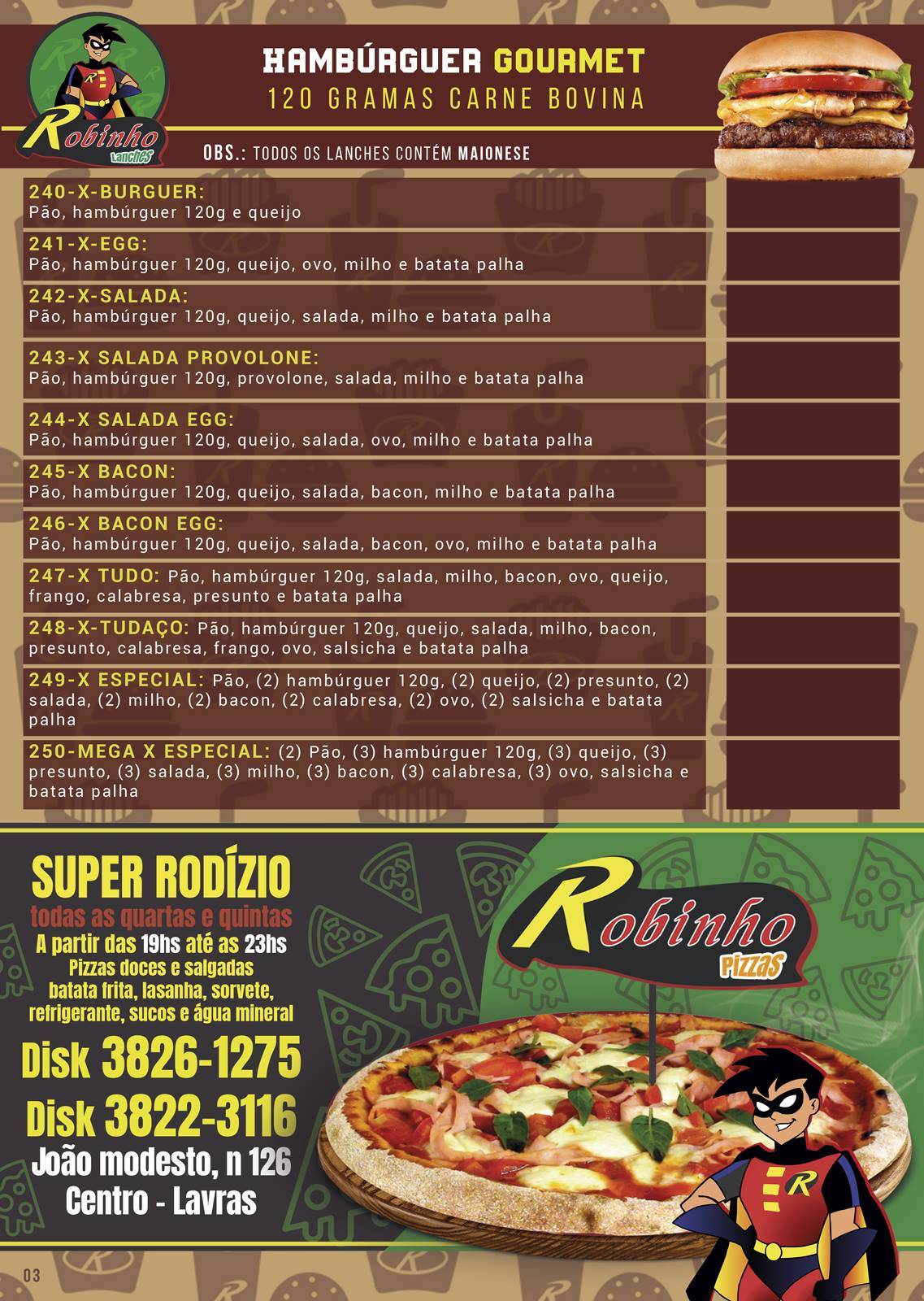 Robinho Lanches e Pizzas cardápio