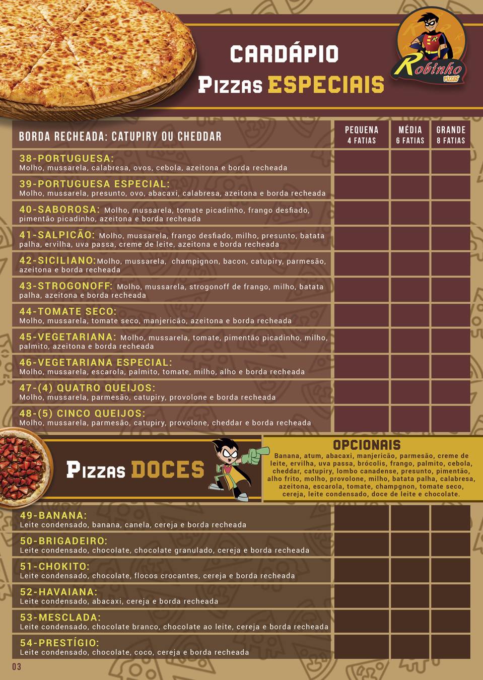 Robinho Lanches e Pizzas cardápio