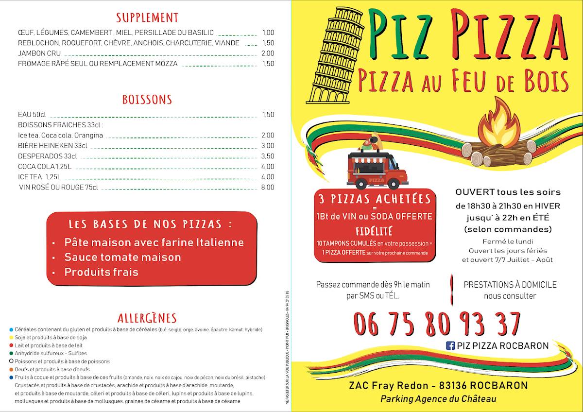 Menu de PIZ PIZZA Camion au Feu de Bois Rocbaron