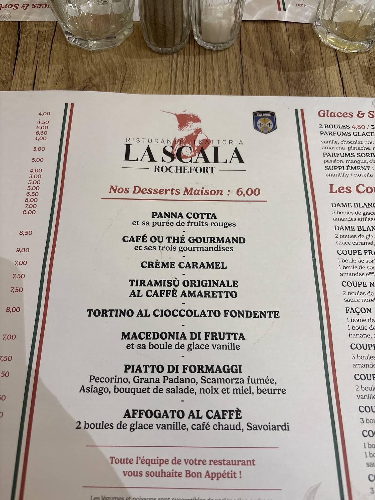 Menu de La Scala