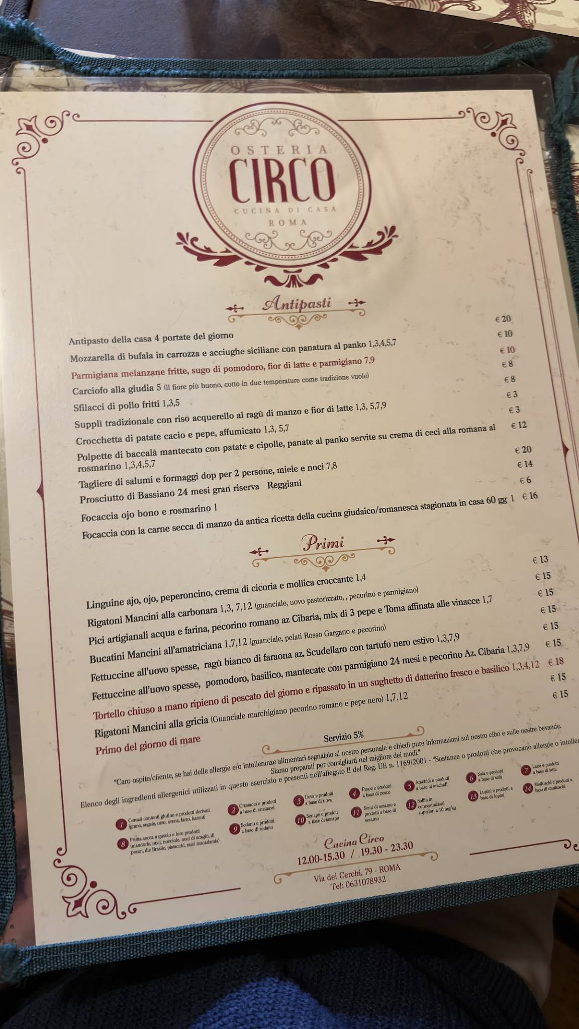 Menu di Osteria Circo 