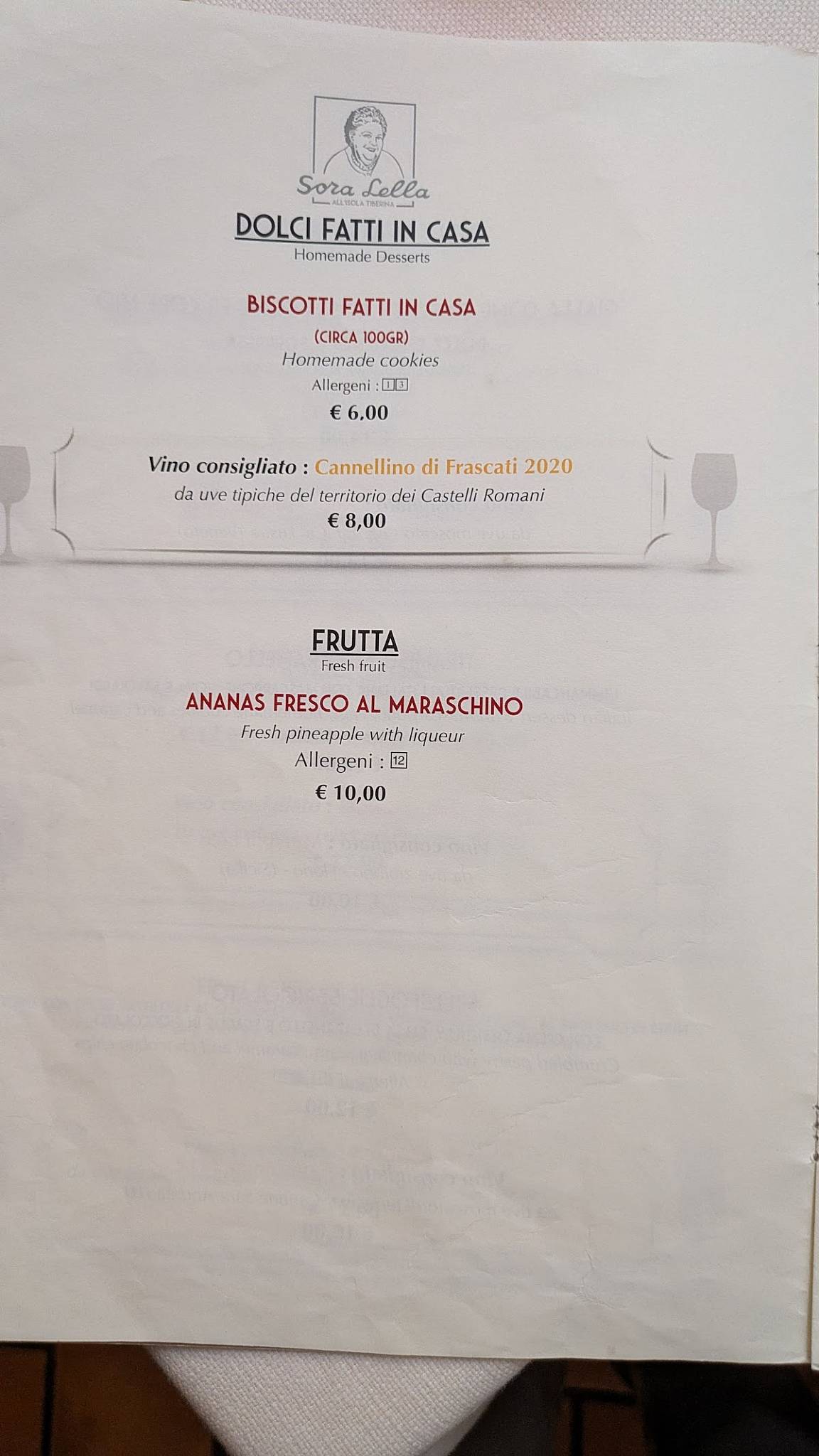 Menu di Trattoria Sora Lella 