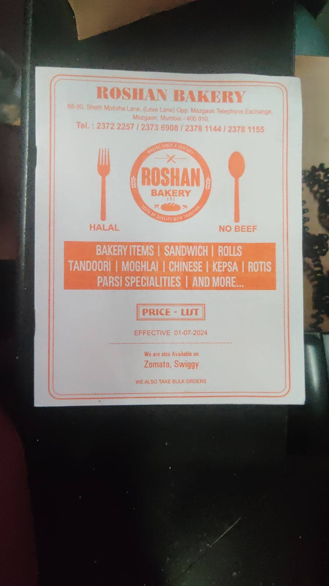 Roshan Bakery and Restaurant menu