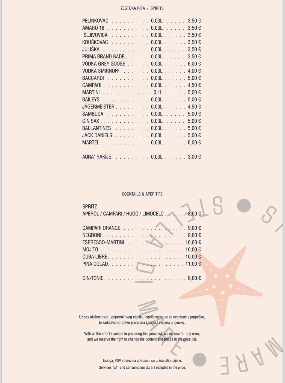 Menu di Restaurant Stella Di Mare 