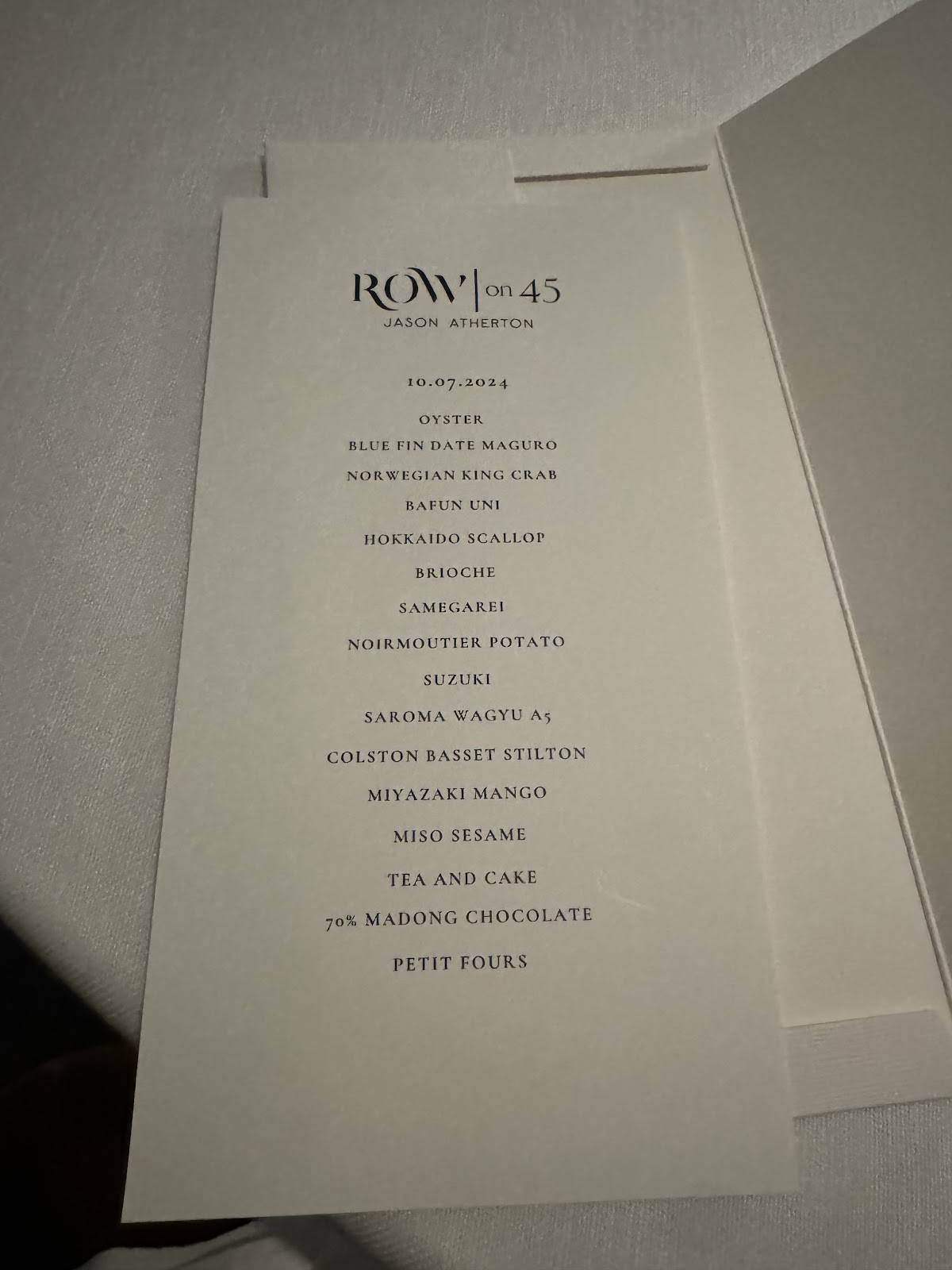 Menu at Row on 45 restaurant, Dubai