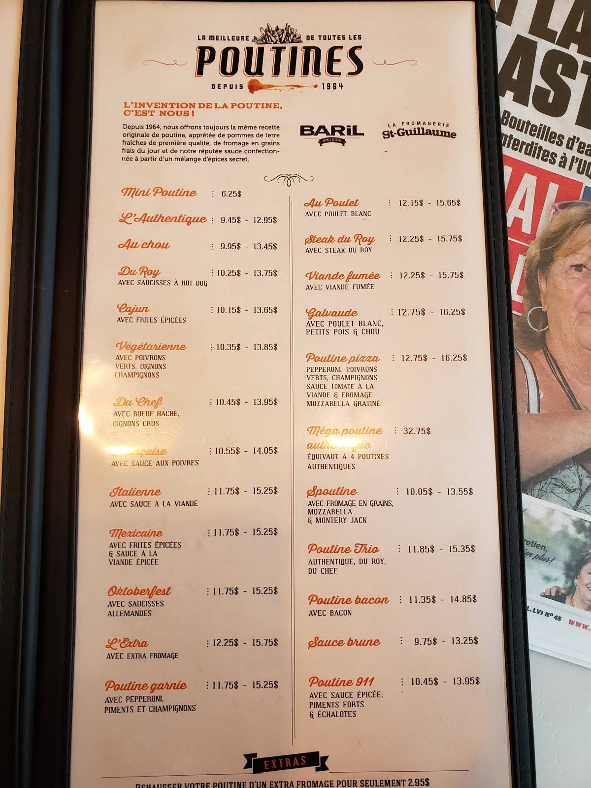 Menu au Roy Jucep fast food, Drummondville