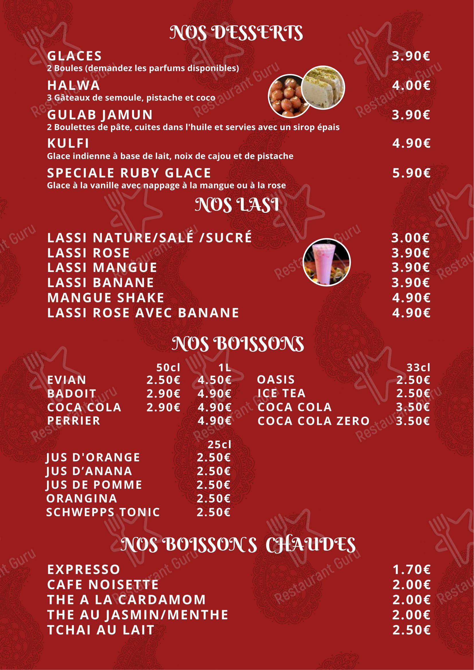 Menu pour Ruby Restaurant - Menu