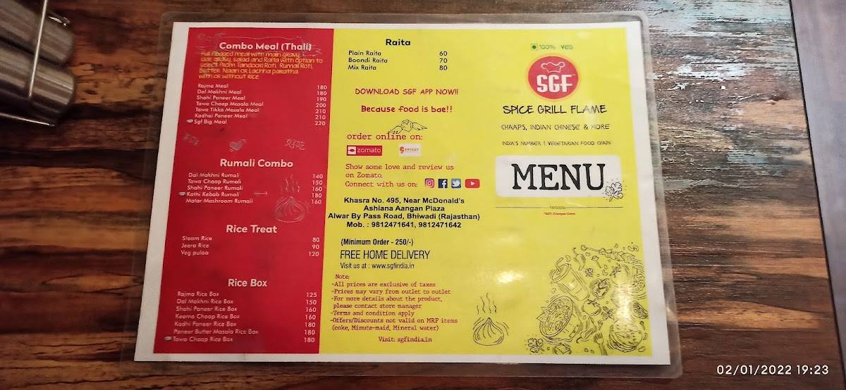 SGF - Spice Grill Flame menu