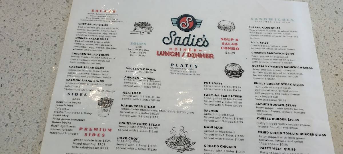 Menu at Sadie's Diner restaurant, Vance