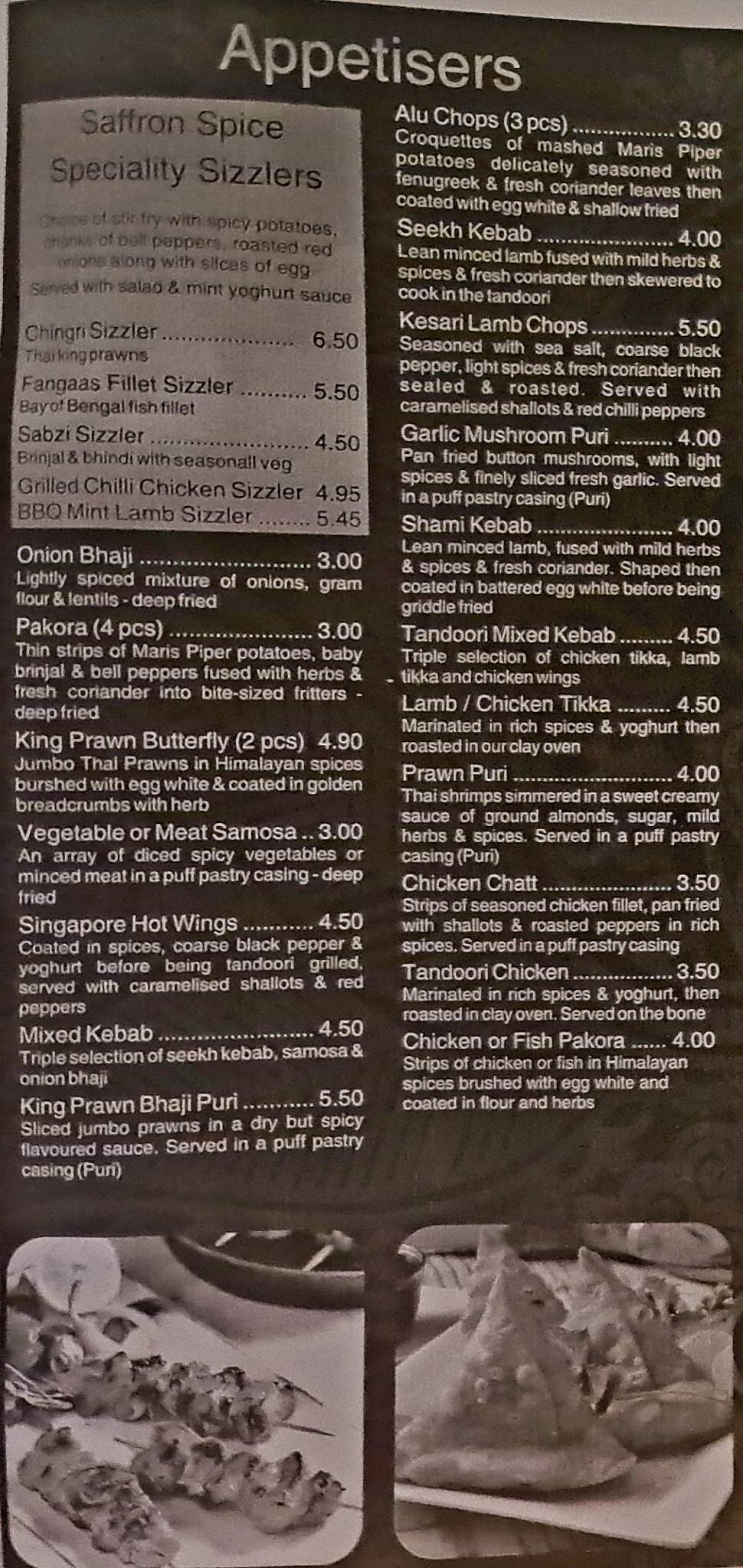 Menu at Saffron Lounge restaurant, Sheffield, 1 Wortley Rd
