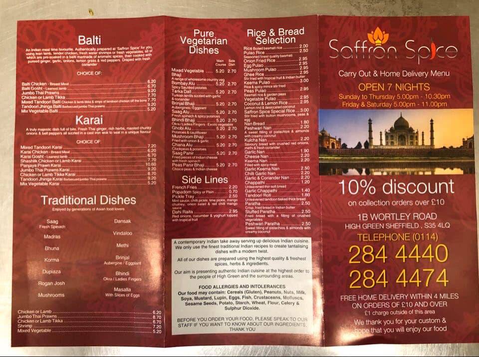 Menu at Saffron Lounge restaurant, Sheffield, 1 Wortley Rd